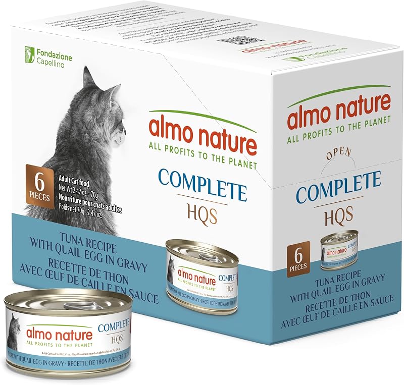Ração úmida para gatos Almo Nature HQS Complete de atum com ovo de codorna, sem grãos, Pacote com 6 latas de 70 g