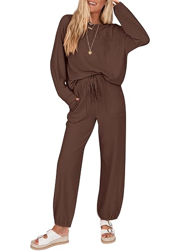 KIRUNDO Lounge Sets for Women 2025 Fall Travel Airport Outfits Ribbed Knit Tops Jogger Pants Tracksuit Postpartum Comfy Set