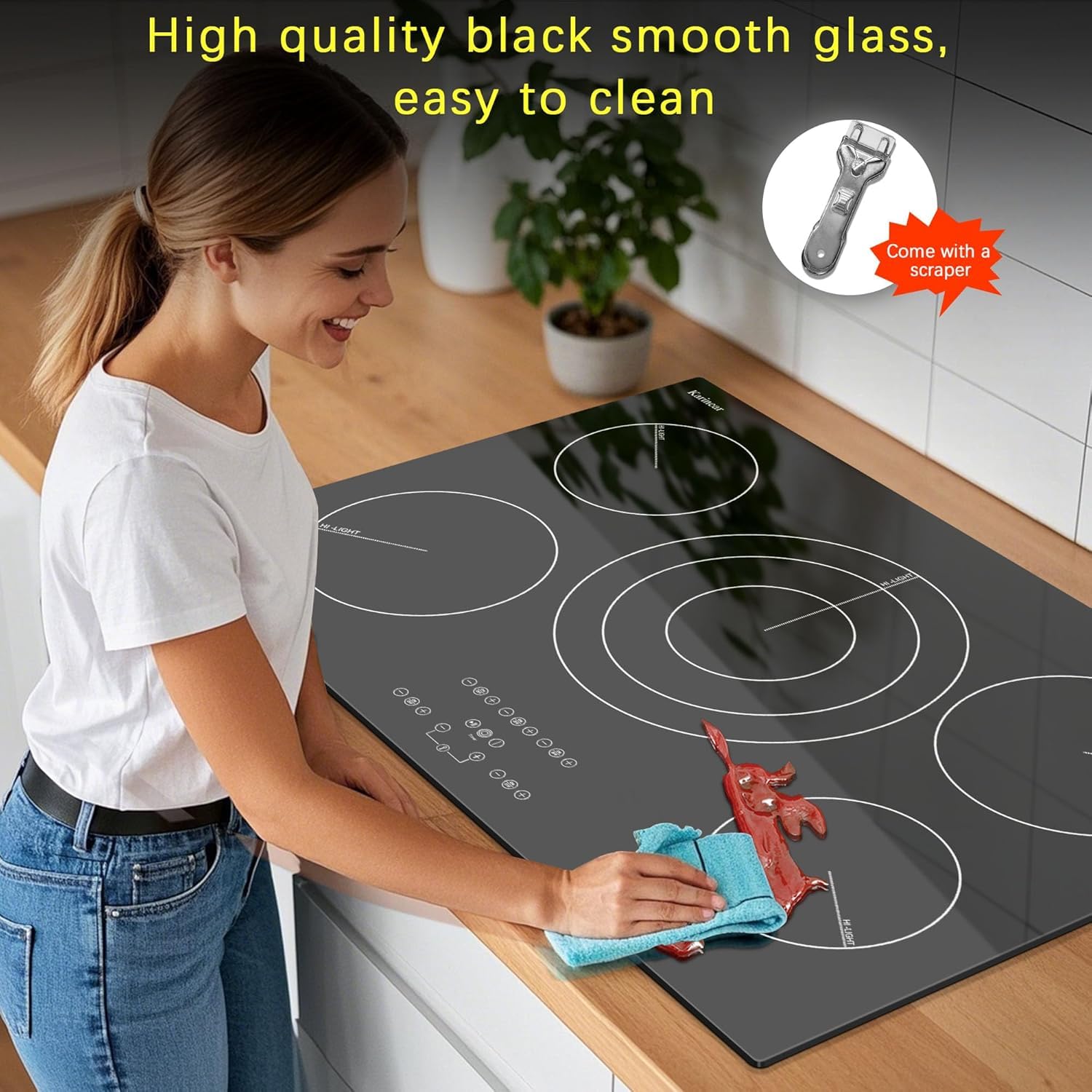 Karinear Glaskeramikkochfeld 5 Platten, 5 Herdplatten Kochfeld mit erweiterbarer Doppelzone, 8700W, 77CM Autarkes Kochfelder Keramik, Unabhängige Touch-Steuerung, Digitalanzeige, 40A, 240V