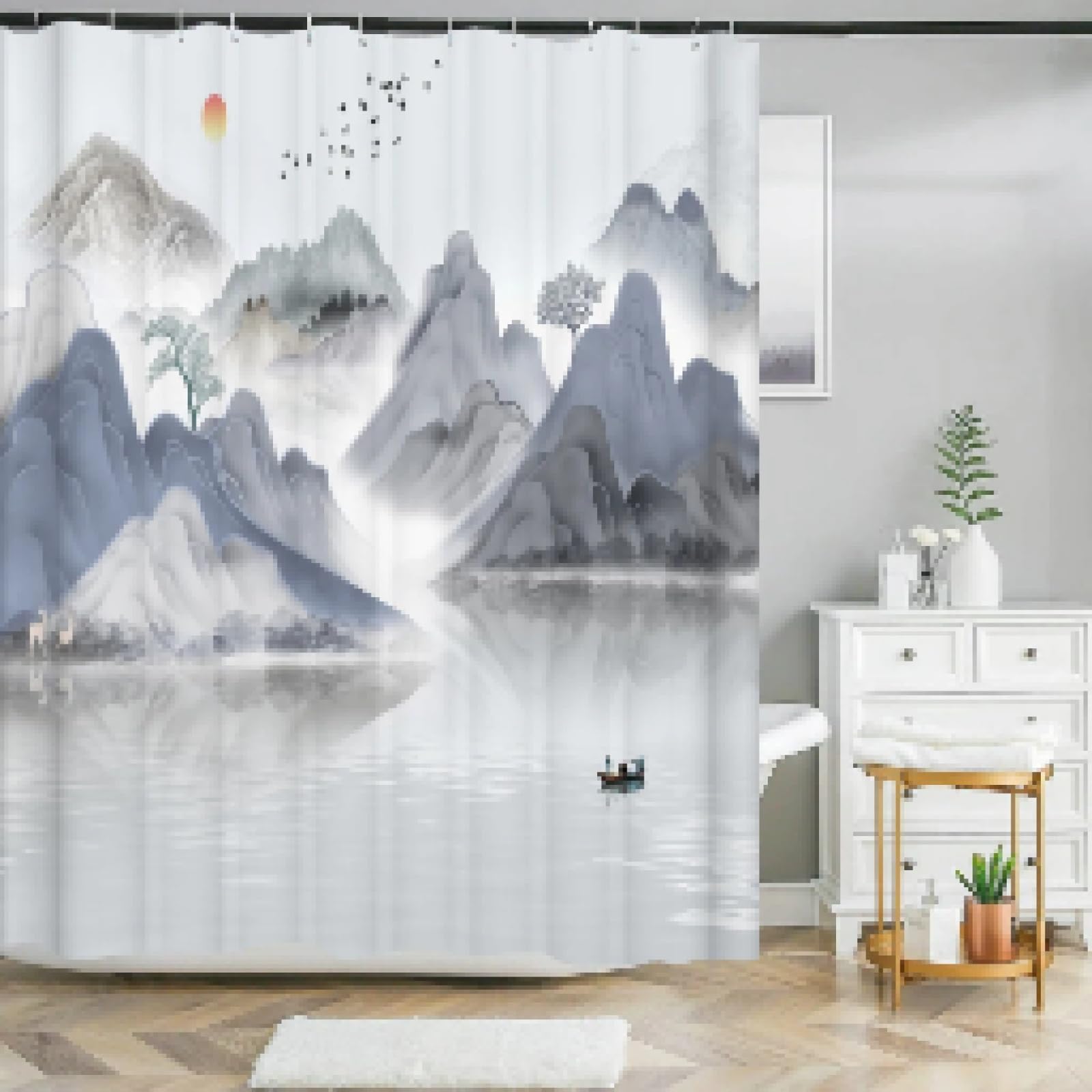 Rideau douche paysage d'encre chinoise de qualité supérieure, rideau de bain lavable 202cm