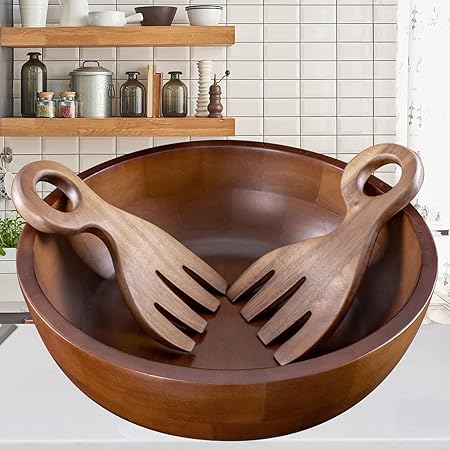 GinSent Wooden Salad Bowl with Salad Hands, 11¾"x4, Extra Durable Solid Wood Salad Serving Bowls, Handmade Kitchen Mixing Bowl Prep Bowl for Food Fruits Salads Cereal Snack, Easy to Care
