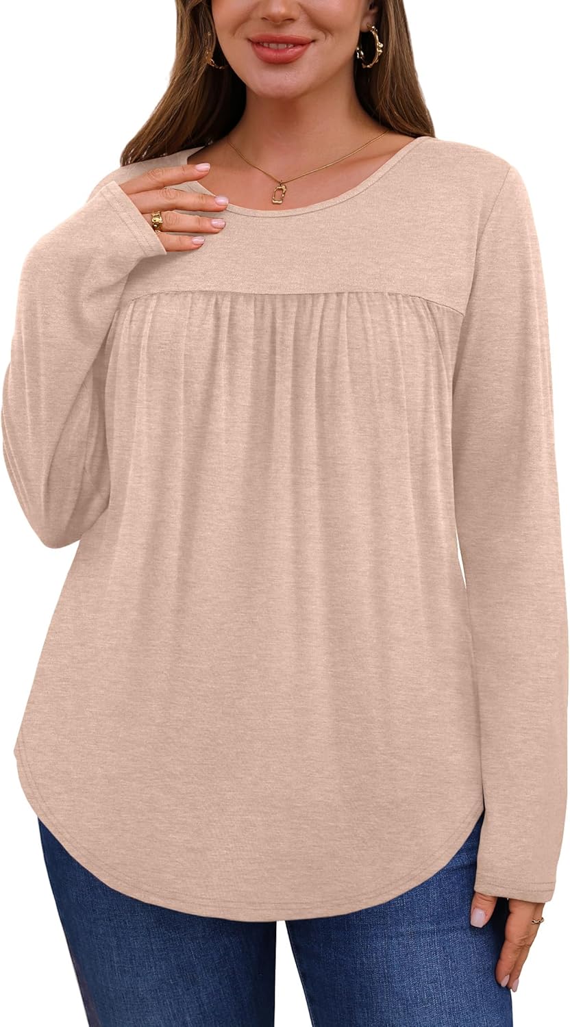 WIHOLL Long Sleeve Shirts for Women Pleated Fall Tops Crewneck Casual Tunic Tops to Wear with Leggings Fashion Clothing - Image 3