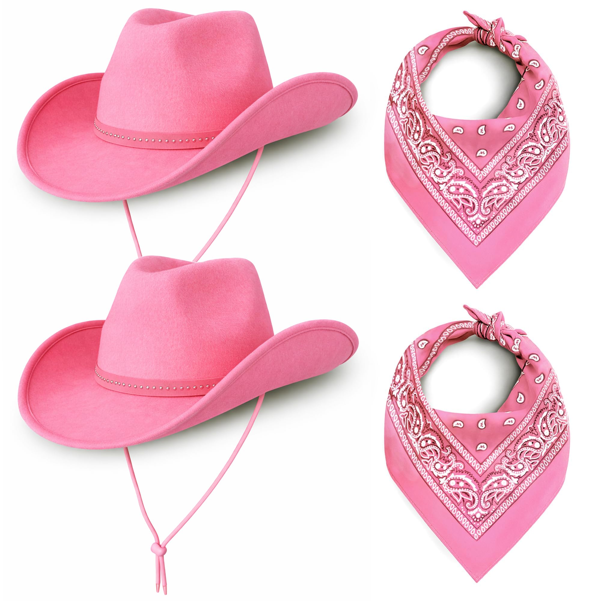 Cowboy Cowgirl Hats Pack of 2 Felt Western Unisex (2 Hats with Band and Bandanas) Texas Texan Costume Accessories for Women, Men, Adults Wild West Fancy Dress (2x Pink Hat & 2x Pink Bandana)