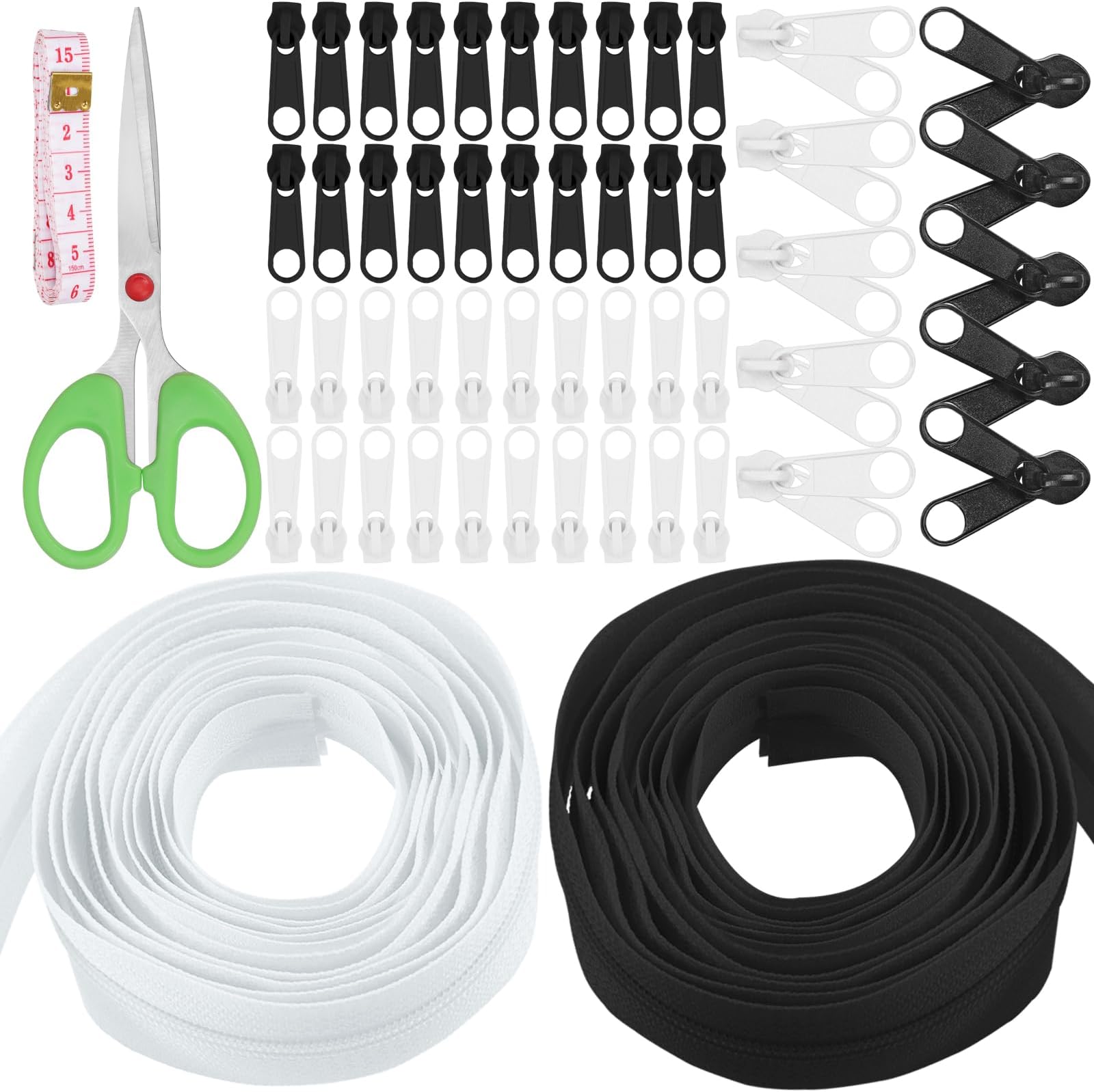 10Rolls 3 Yard #5 Black and White Nylon Zip Tape Zip Strips with 50 Pieces Pull Head and Scissors, Ruler Kit, Replacement Zip Roll Endless Zip with Double