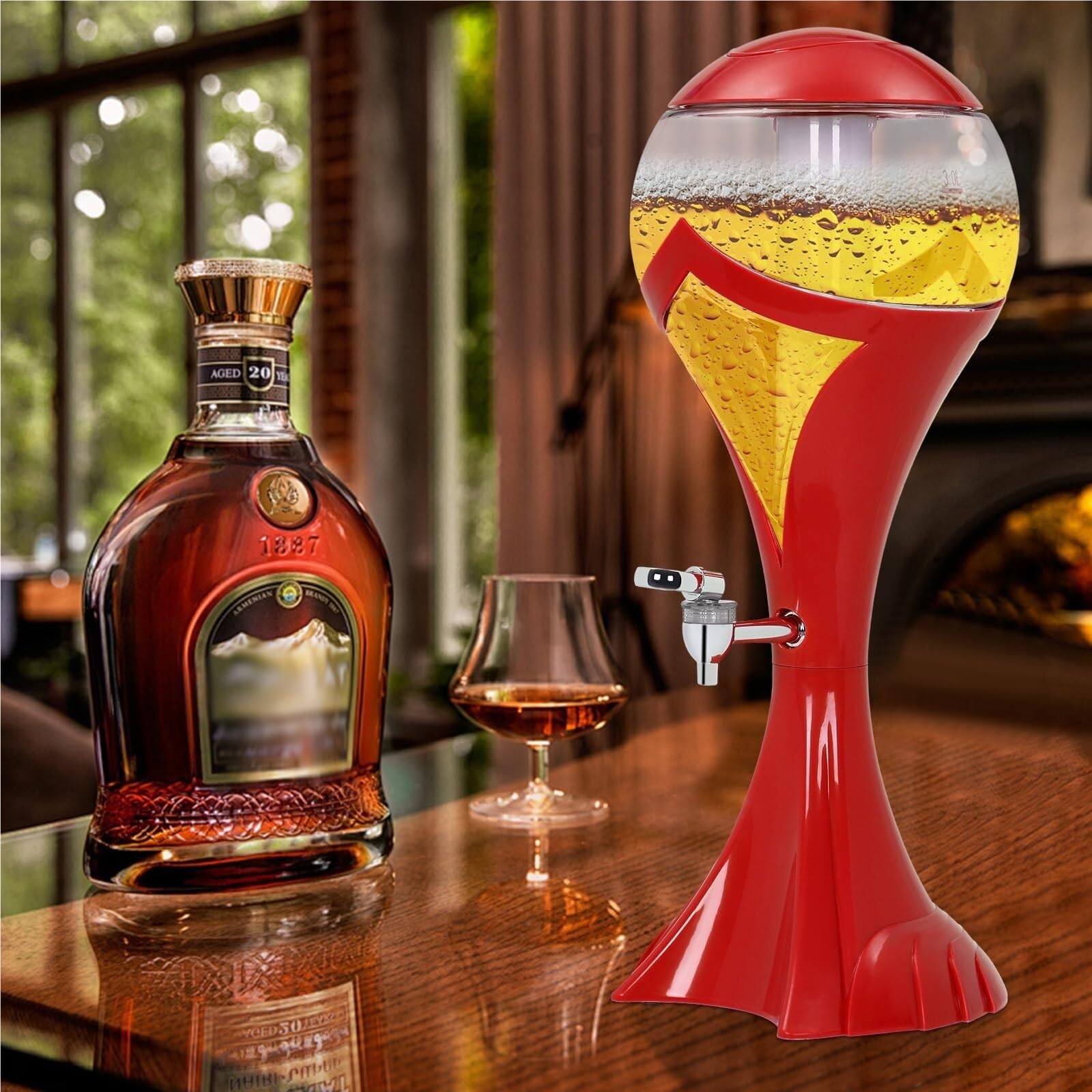 Dispensador de Bebidas 3L, Jarra de Zumo y Cerveza para Fiestas, contenedor de Agua con Tubo de Hielo, Rojo, 7,67x20,08 Pulgadas