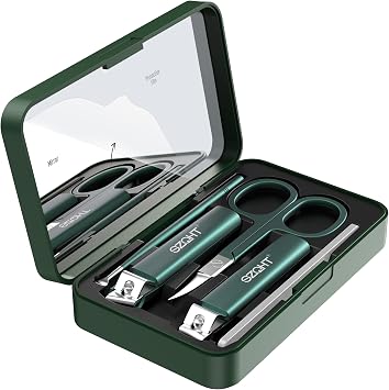 Nice 5-in-1 Premium Grooming Set Nail Clipper, File, Ear Pick, Facial Hair Scissors, and Mirror in Elegant Storage Box - Manicure Pedicure Kit With Slant Edge Toenail Clipper