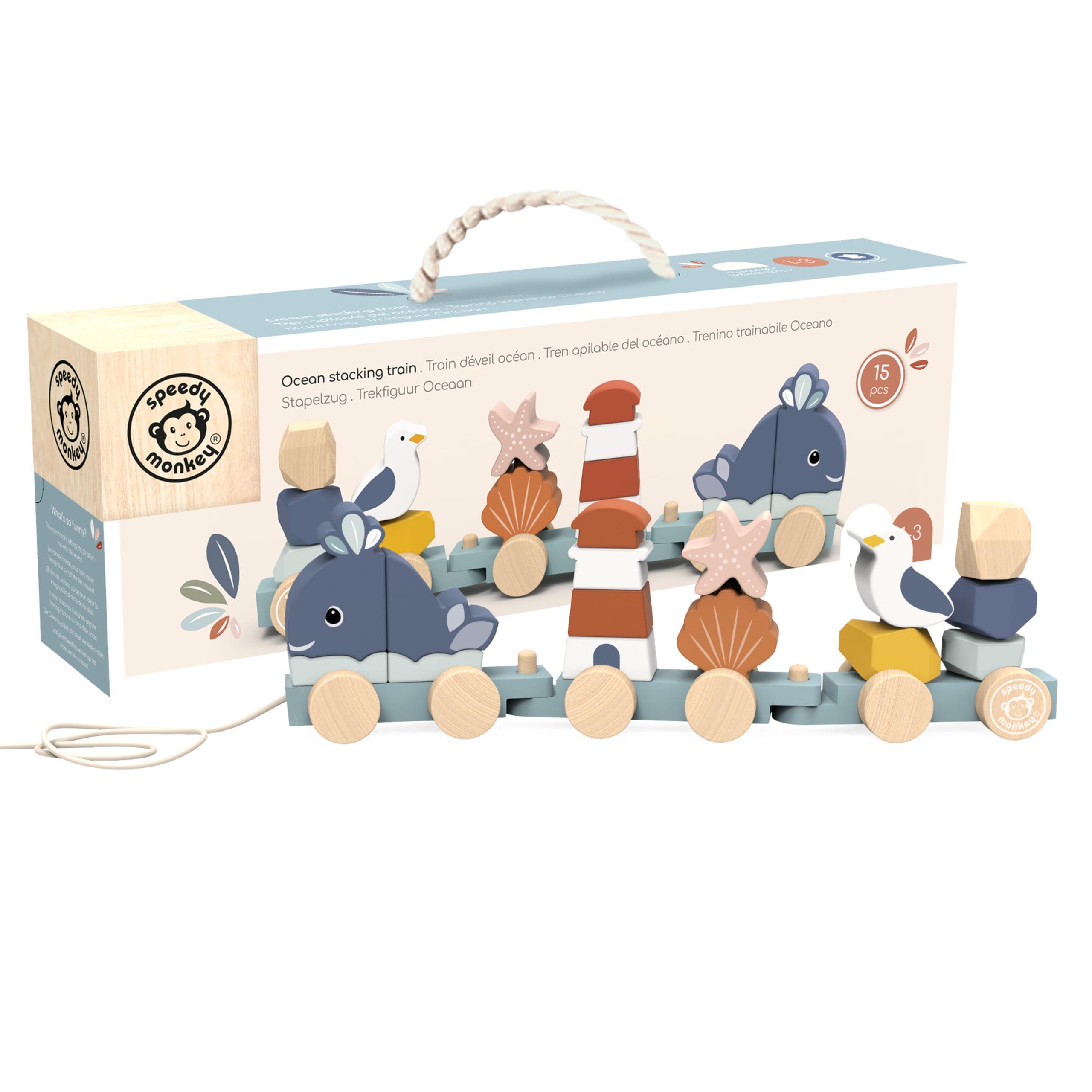SPEEDY MONKEY Ocean Train Stacker for Toddlers 12m+ | Wooden 15 Piece Stacking & Sorting Toy | Seaside-Themed Train Pull Along for Walking & Crawling | Fine Motor & Early Learning Gift for Kids โ image 1