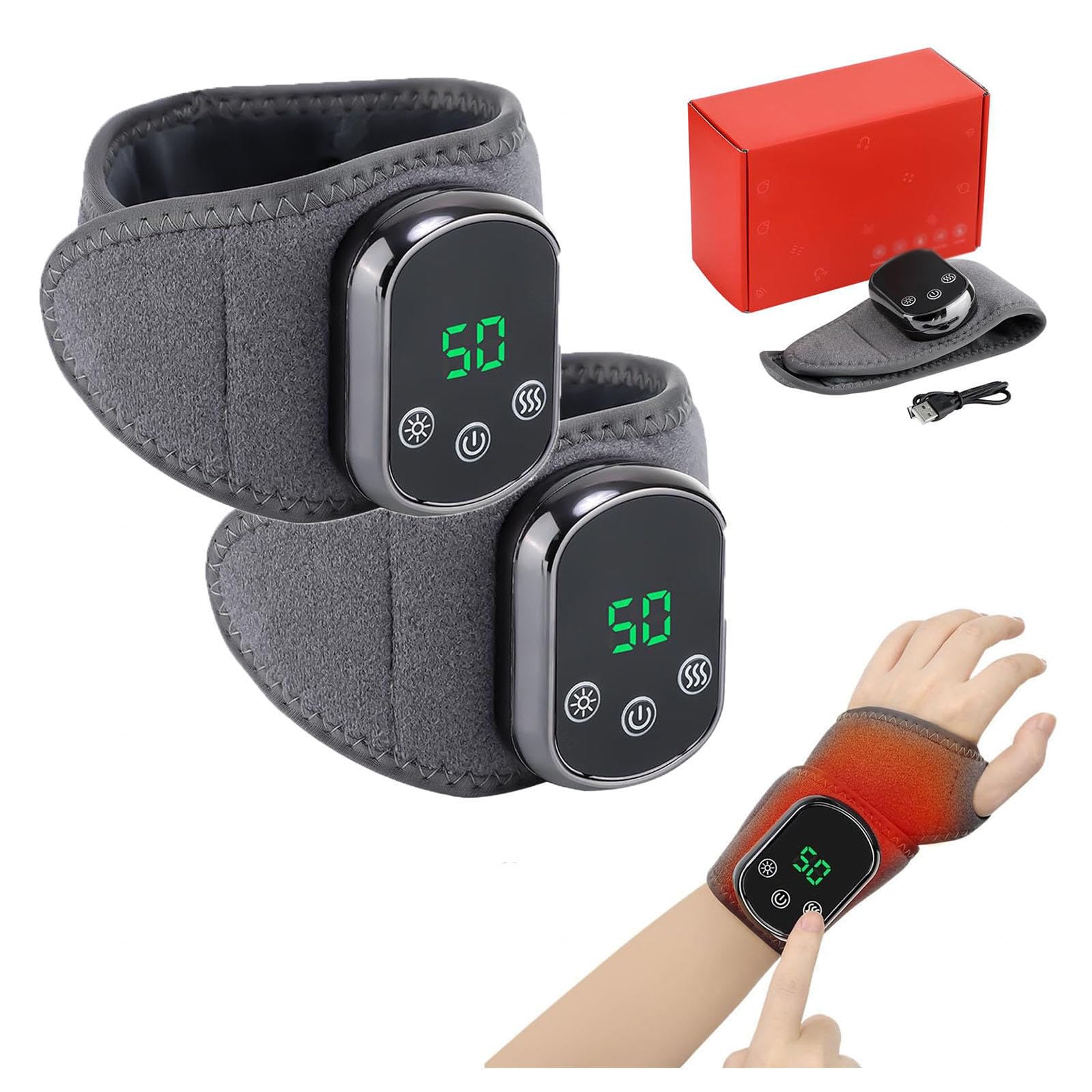 Masajeador de Muñeca Con Calefacción para Alivio de Tendinitis y Túnel Carpal Masajeador de Manos Inalámbrico, 5 Temperaturas de Calentamiento 3 Modos de Masaje(2 piezas)