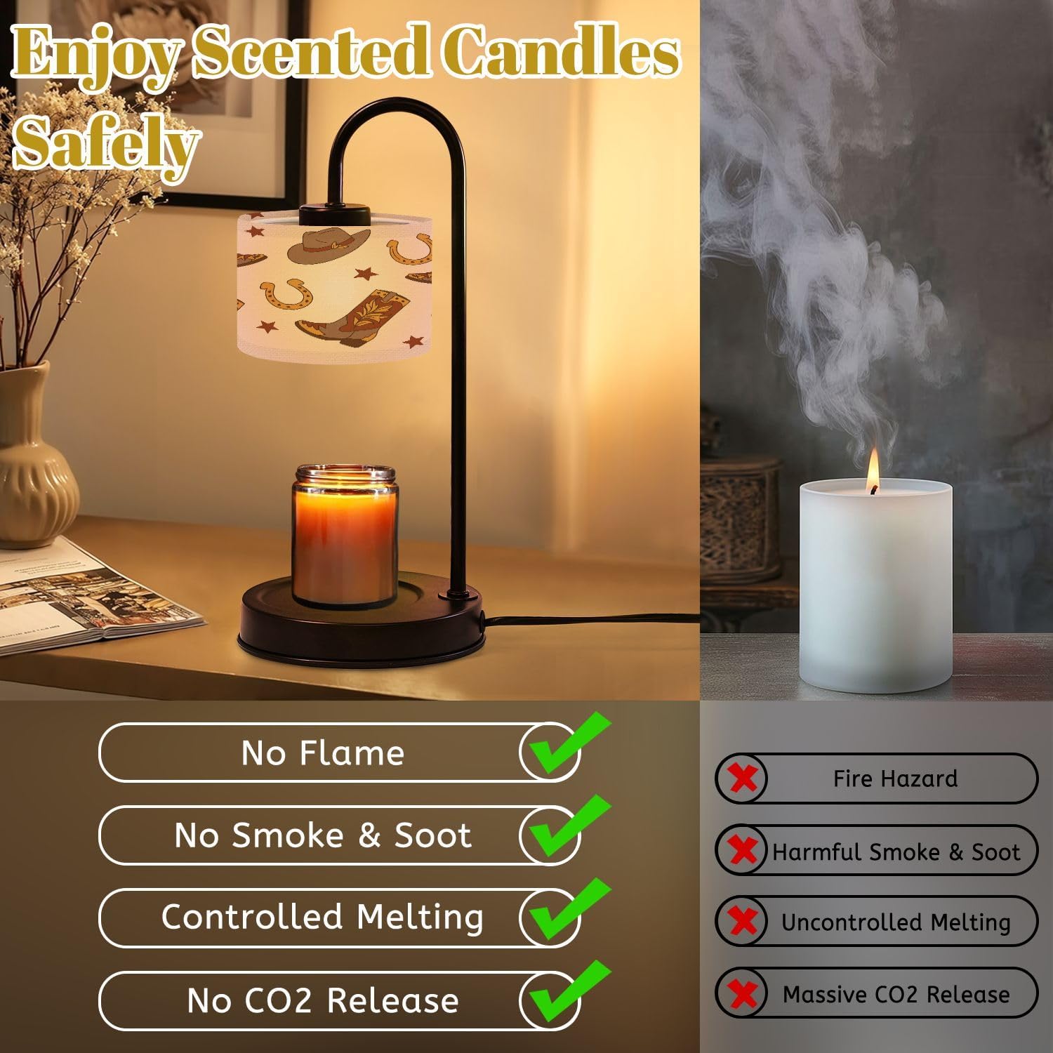 Candle Warmer Lamp with Timer and Dimmer, Howdy Western Cowboy Cowgirl Accessories Retro Boots hat Lucky Horse Wax Melt Warmer with 4 Bulbs, House Warming Birthday Gifts for Women Mom New Home Decor