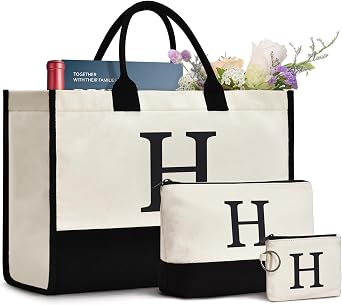 GASSDA Initial Canvas Tote Bag Birthdays Gift for Women Mom Teacher Friends