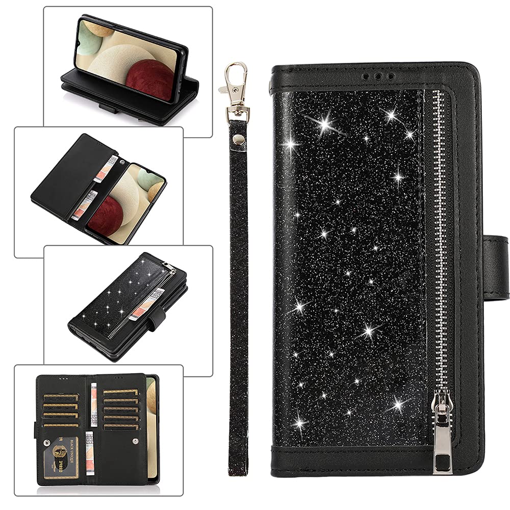 QC-EMART for iPhone 12 / iPhone 12 Pro Phone Case Women's Wallet Flip Cover Large Capacity Card Slots PU Leather Handbag Purse Zipper Pocket Magnetic Blocking Clutch for iPhone 12/12 Pro Black