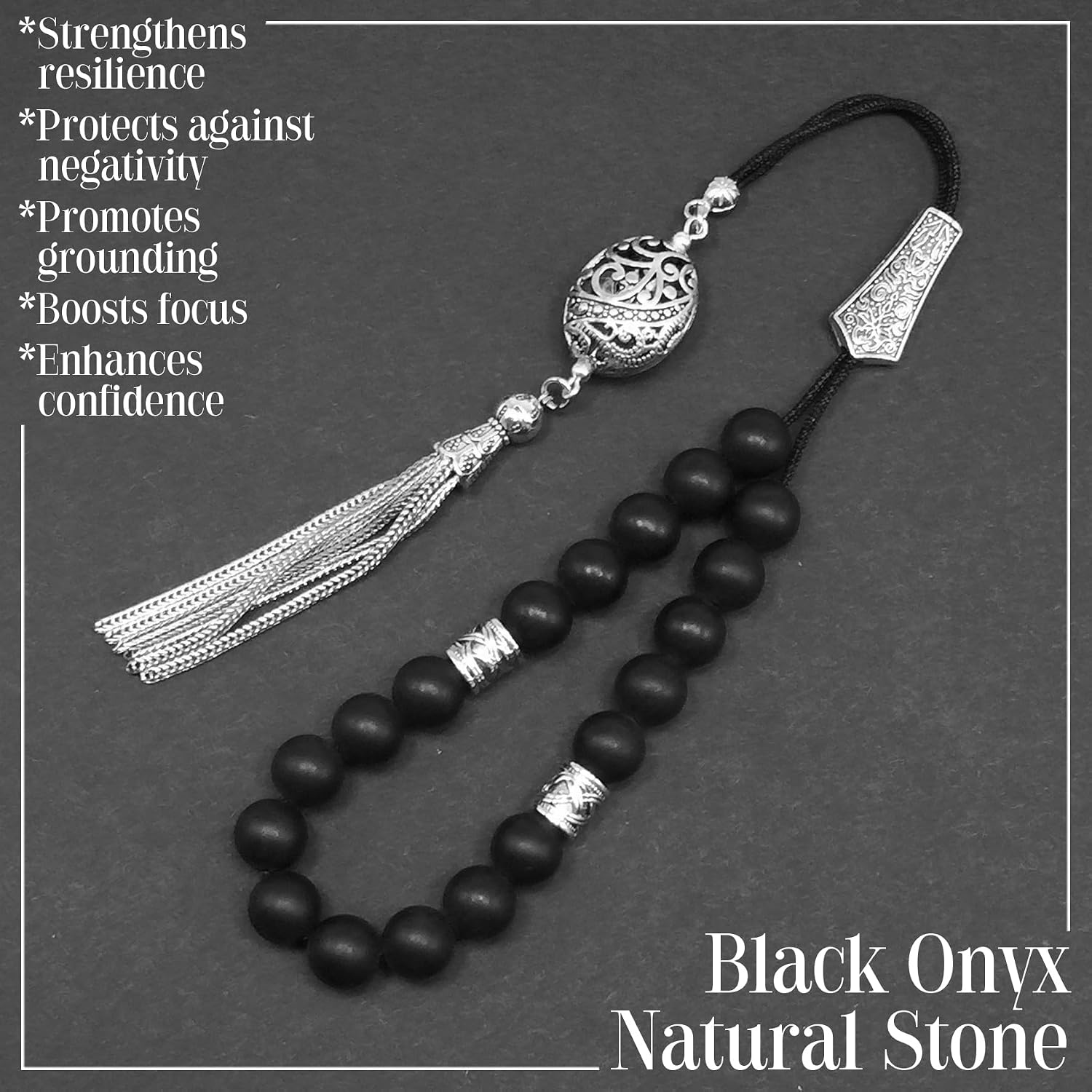 KOMBOLOI, Begleri, Greek Worry Beads, Anxiety Relaxing Stress Relief Relaxation, Greek Rosary (10mm -Black Matte Onyx -19 Beads)
