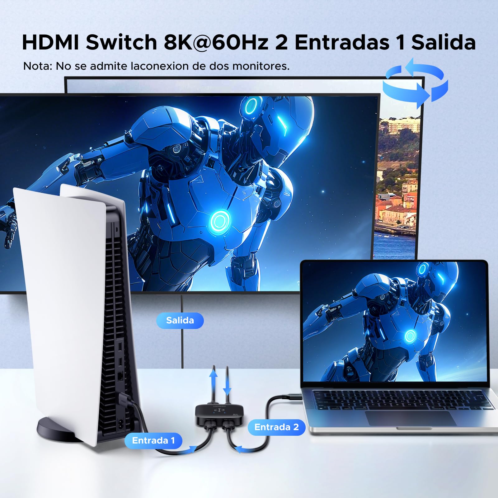 UGREEN Switch HDMI 2.1 8K 60Hz 4K 240Hz 2 Entradas 1 Salida Conmutador HDMI Alta Resolución Soporta HDR VRR Dolby Atmos Compatible con PC PS5 PS4 Xbox One Serie X TV Box Proyector Monitor