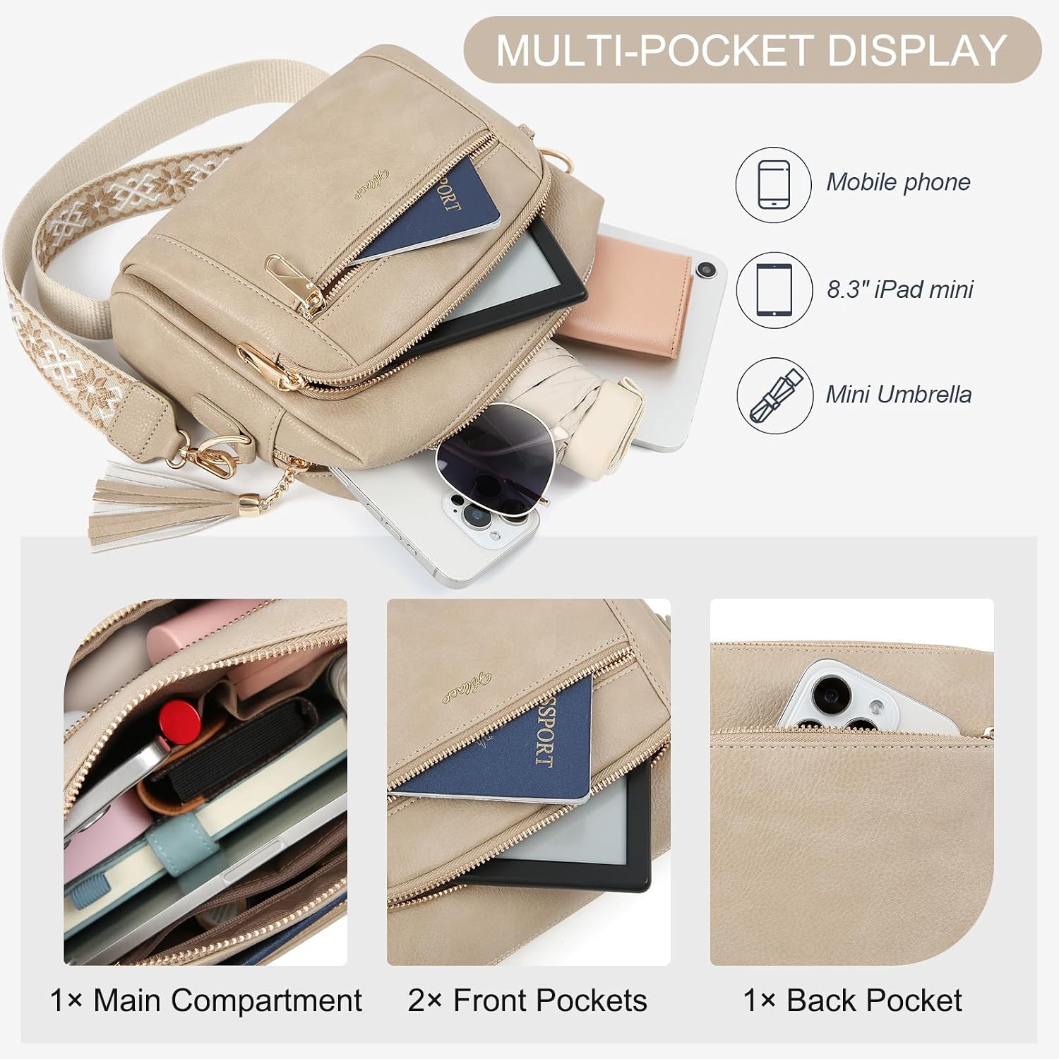 Small Leather Crossbody Bags for Women Anti theft Purses and Handbag Shoulder Hangbag with Wide Strap Tassel