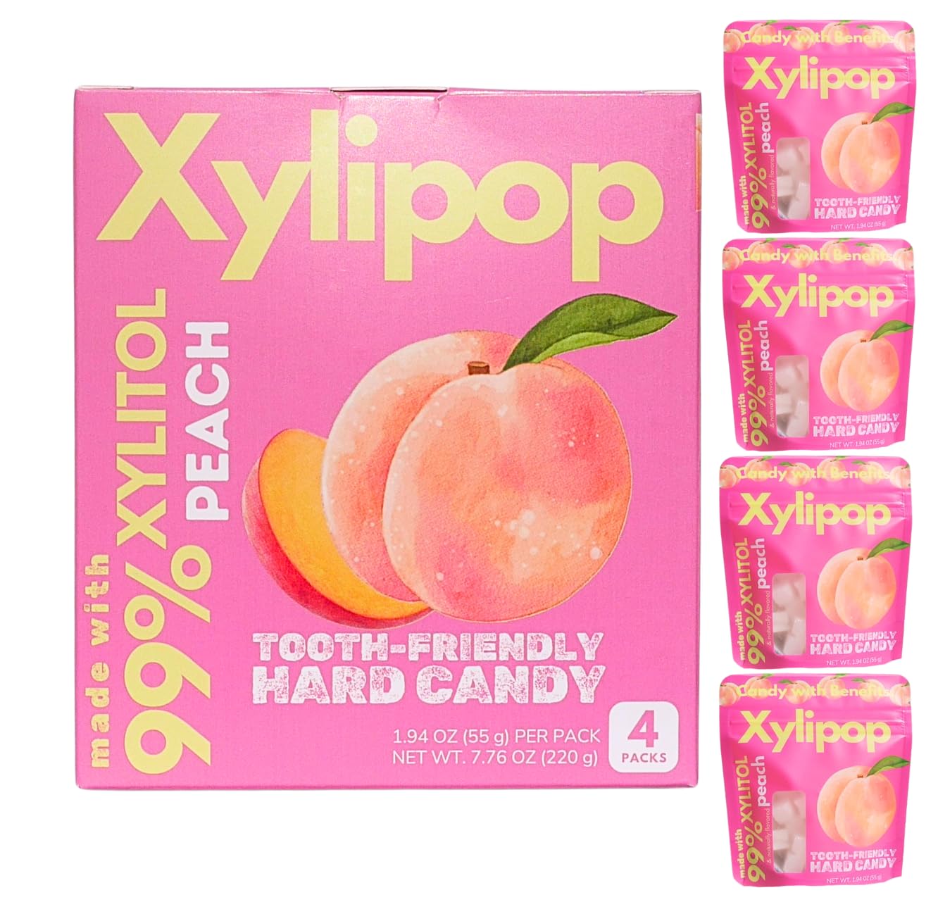 Xylipop 4 Pack (Peach) – Tooth-Friendly Xylitol Candy | Made with 3 Organic Ingredients | Sugar-Free, Vegan | Healthy Snack for All Ages | 4 x 1.94 oz Pouches