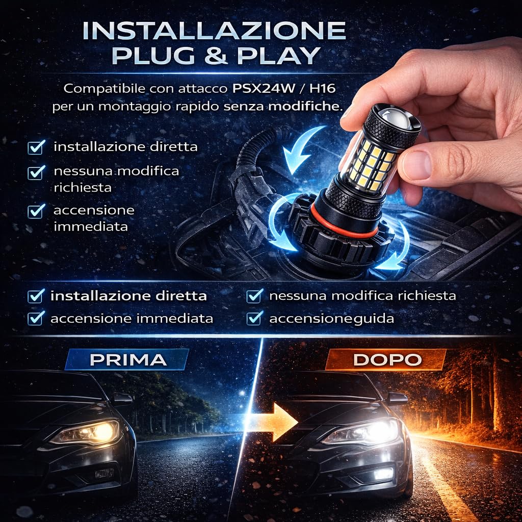 Coppia Luci Diurne DRL 21 LED PSX24W H16 Compatibile Con Jeep Compass - Fendinebbia Compatibile con Peugeot 208 2008 5008 Renault Clio IV 4 Lampadine (PSX24W - H16)