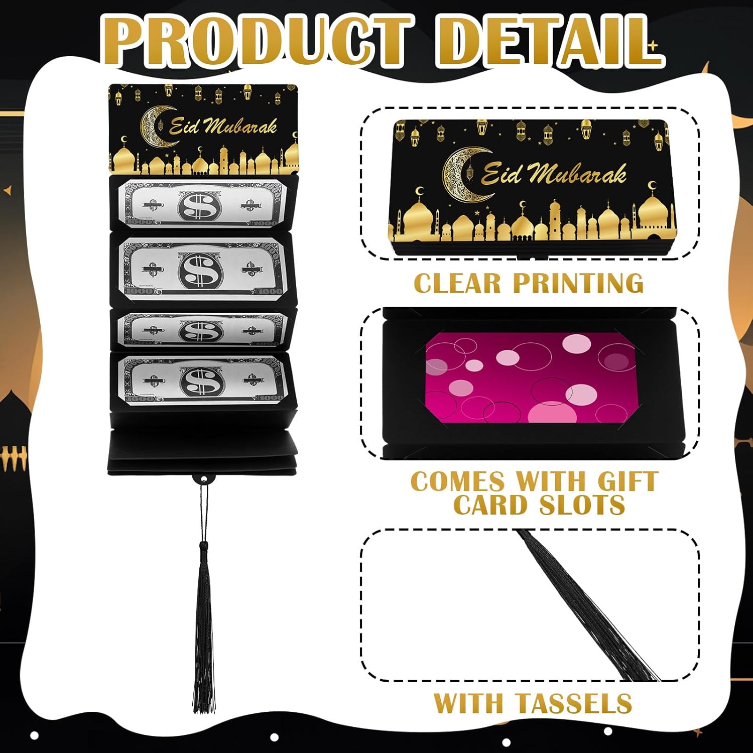 10 Pack Eid Mubarak Money Holder and Envelopes Ramadan Mubarak Party Supplies Surprise Money Holder with 6 Slots Gift Card for Happy Eid Party Decoration Cash Gift Card Supplies(Black and Gold) image 3 of 7 B0DJW4F2PZ