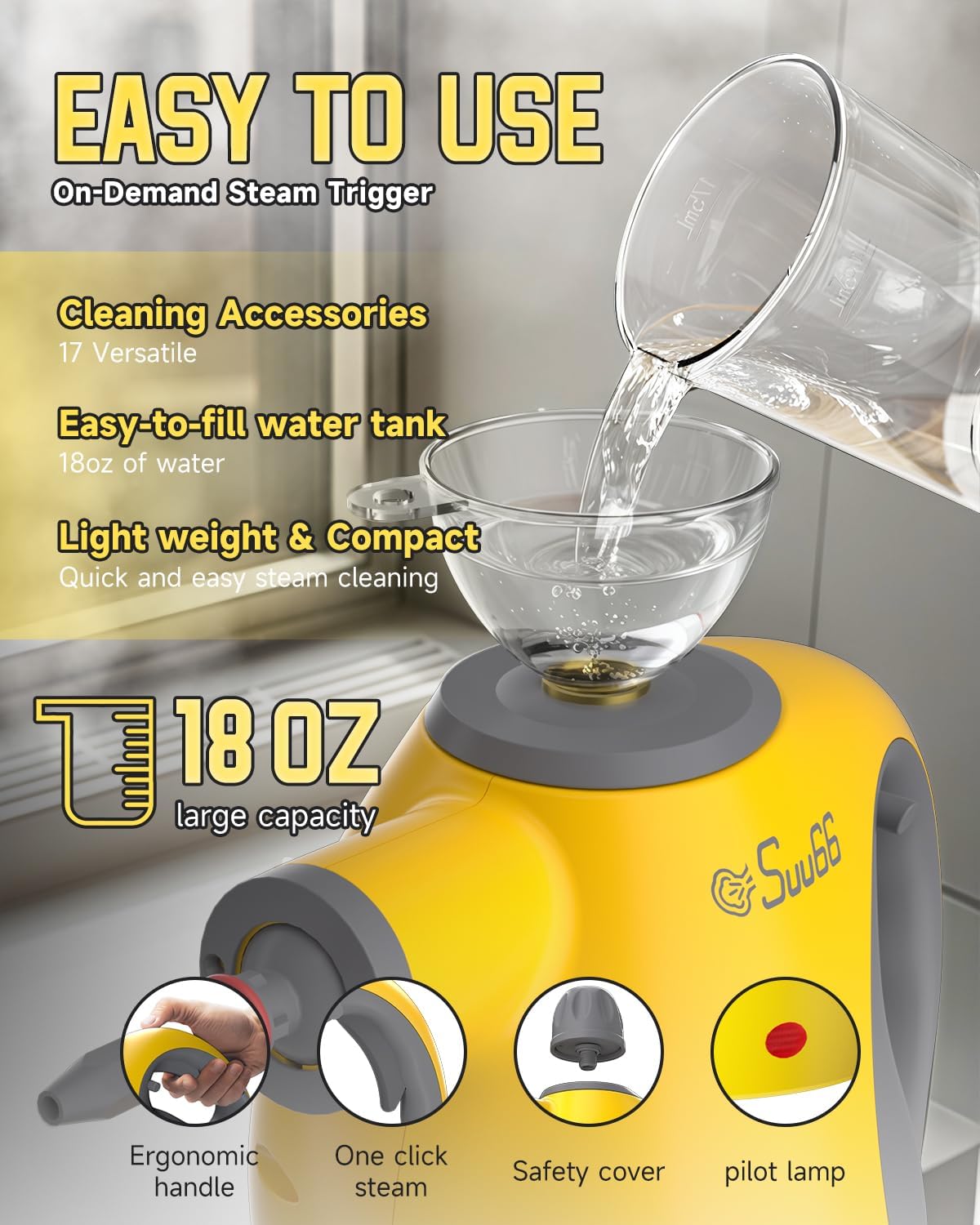 Handheld Steam Cleaner with Safety Lock, 500mL Large Tank & 19PCS Accessories - Multi-Surface Deep Cleaning for Kitchen, Bathroom, Car, Sofa - Removes Stubborn Grime, Sanitizes Surfaces (Yellow)