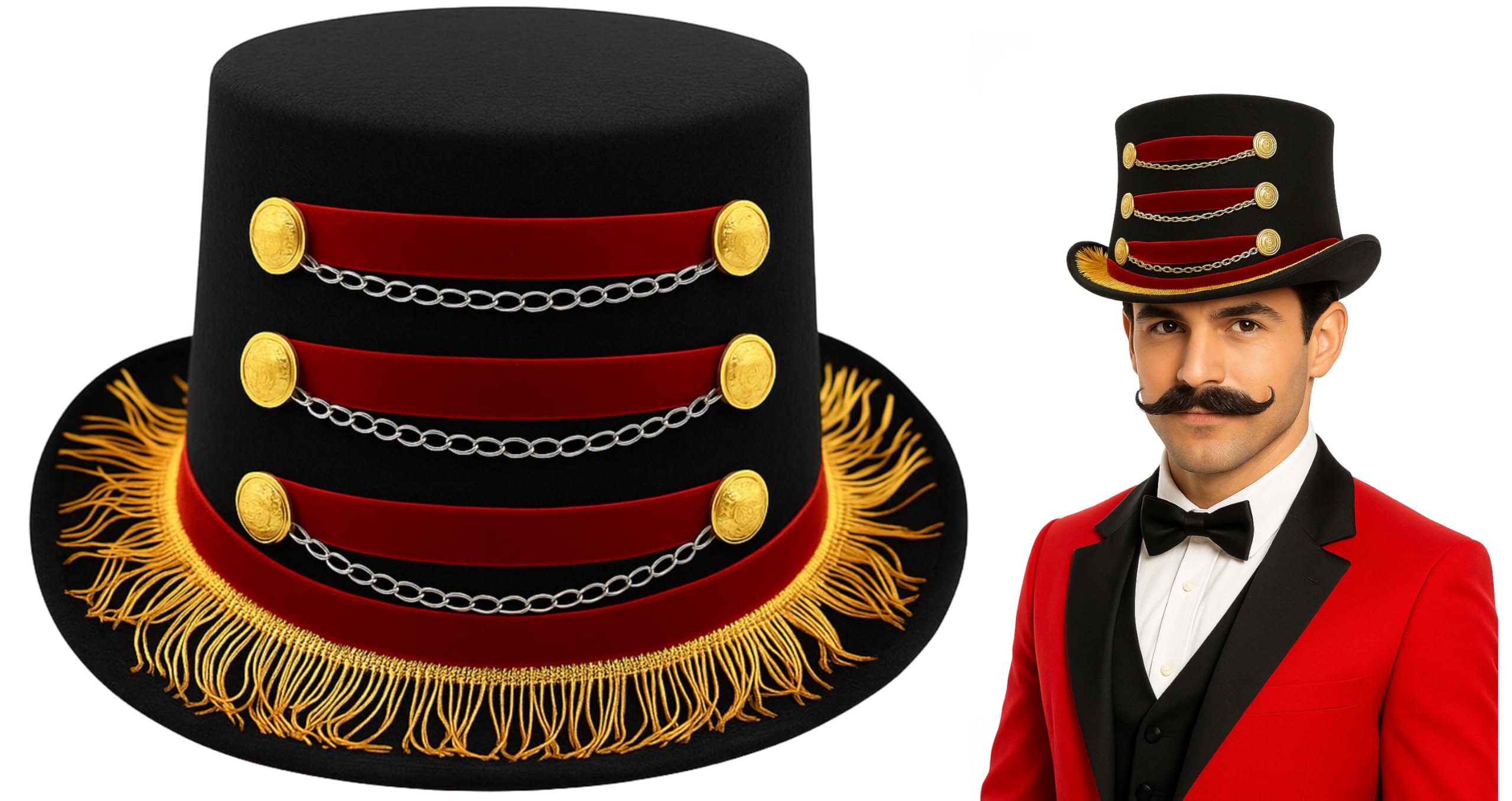 Nicky Bigs Novelties Deluxe Ringmaster Top Hat Red Black Circus Coachman Hat with Gold Fringe Buttons Chains Lion Tamer Carnival Burlesque Halloween Costume Accessory for Adults