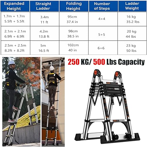 Miniatura 2 de Escaleras, escalera telescópica de acero inoxidable con marco de capacidad de 500 libras, escalera plegable de telesextensión para escaleras, hogar,