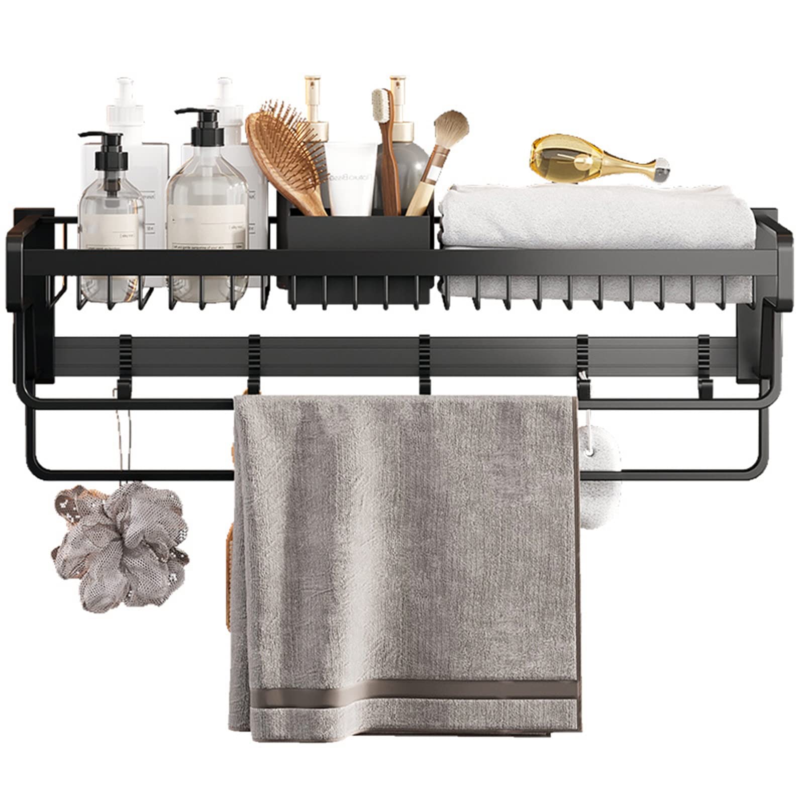 Panier de toilette aluminium 47cm noir avec barre porte-serviettes murale