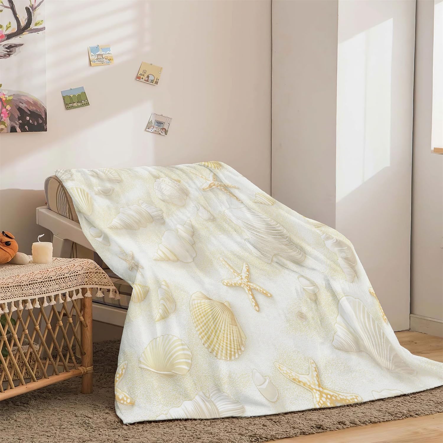 Super miękki koc flanelowy do mieszkania, 220 x 240 cm, z elementami plażowymi, miękki, puszysty, dla niemowląt, ciepły, przytulny, biały, koc na sofę, dla dziewcząt, chłopców, na prezent, na każdą