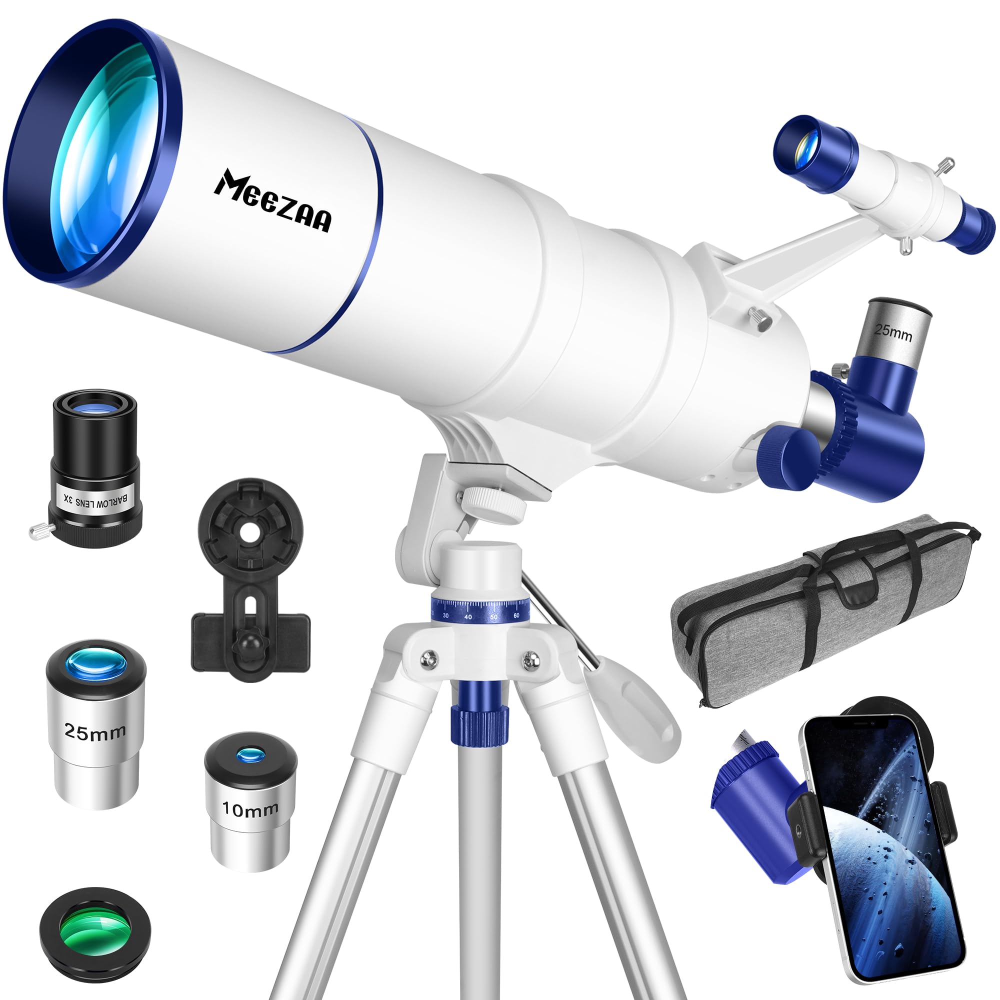 MEEZAA Telescopio, Telescopio Astronómico Adultos Profesional, 90/550mm Telescopios Refractor Portátil para Niños y Principiantes con Trípode, Filtro Lunar, Adaptador de Teléfono y Bolsa de Transporte