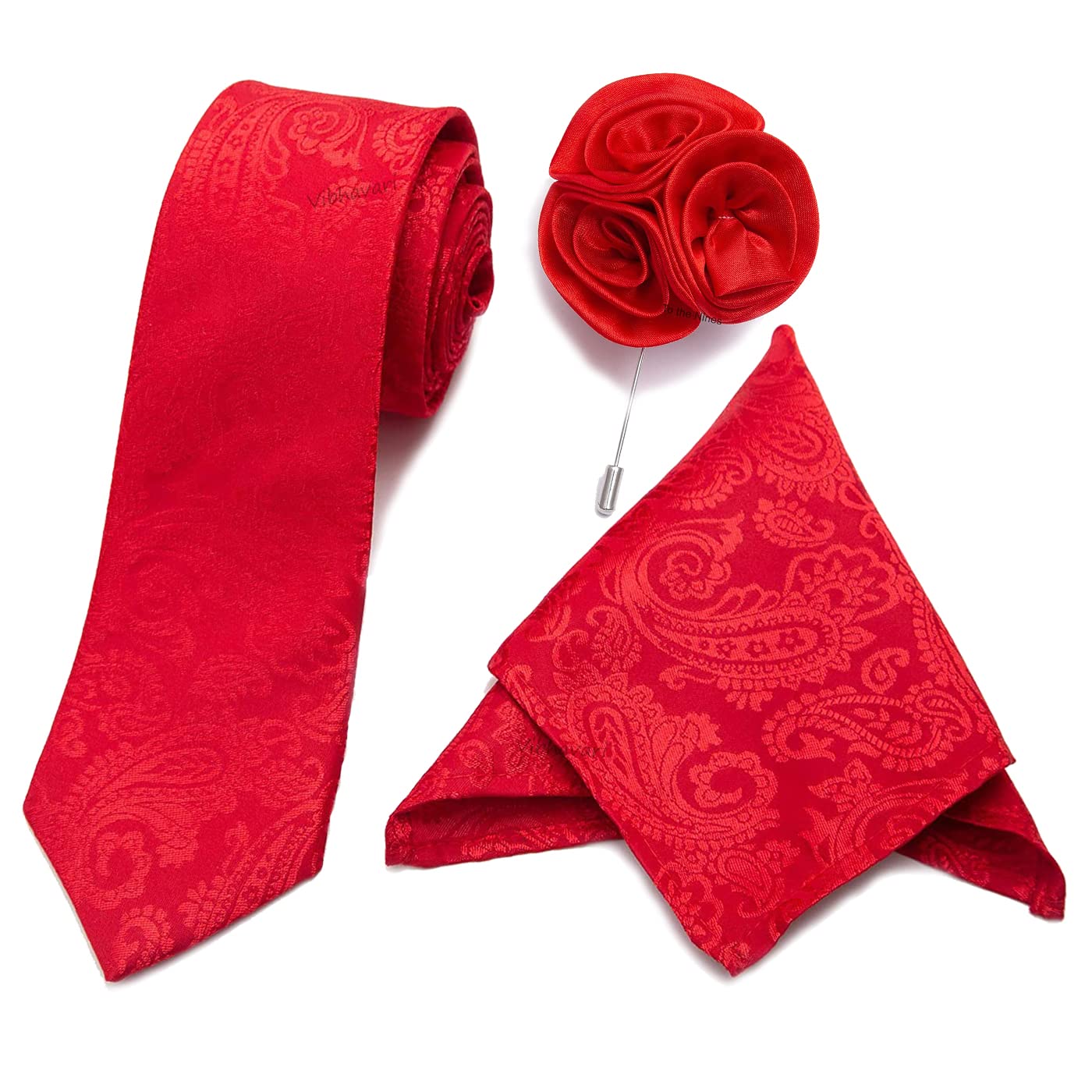 vibhavari Men's Microfiber Necktie Set with Pocket Square and Lapel Pin (Red, Free Size)-picture-23