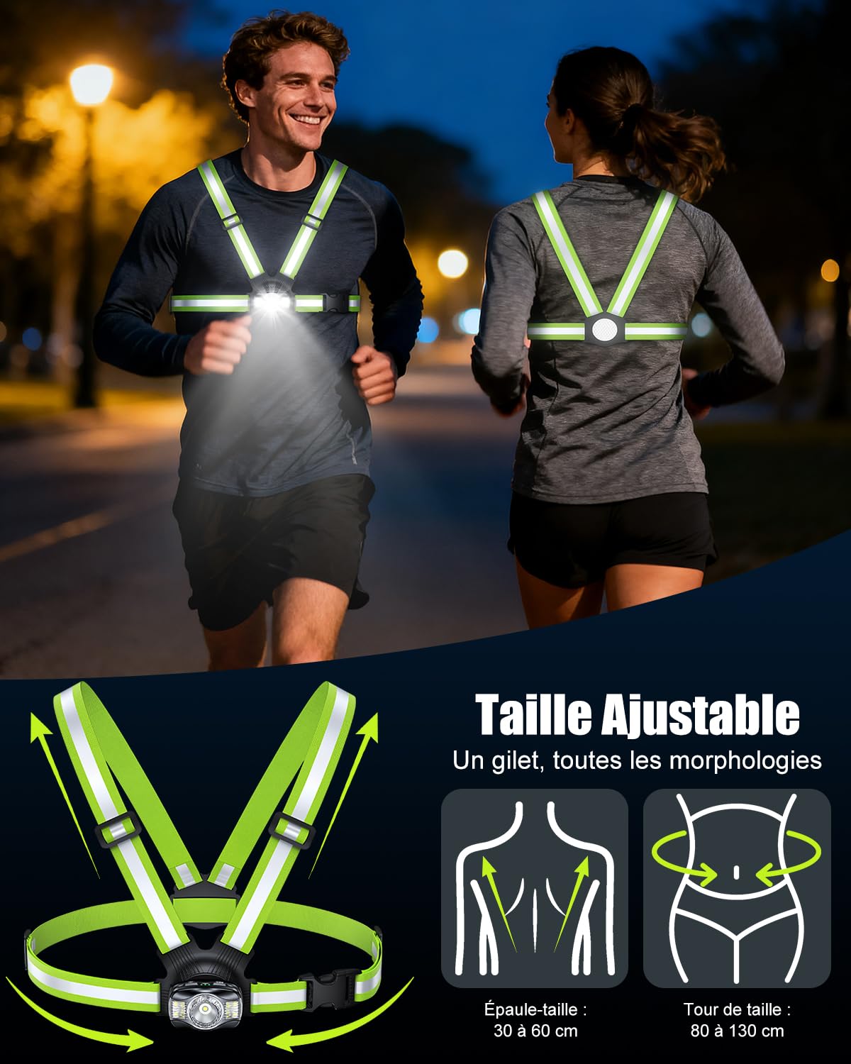 Babacom 500LM Lampe Running Pectorale, 6 Modes Lampe Course a Pied avec Faisceau Réglable 45°, Remplacer Lampe Frontale, Rechargeable Gilet Reflechissant à 360° pour Cyclisme/Jogging Sports Nocturnes