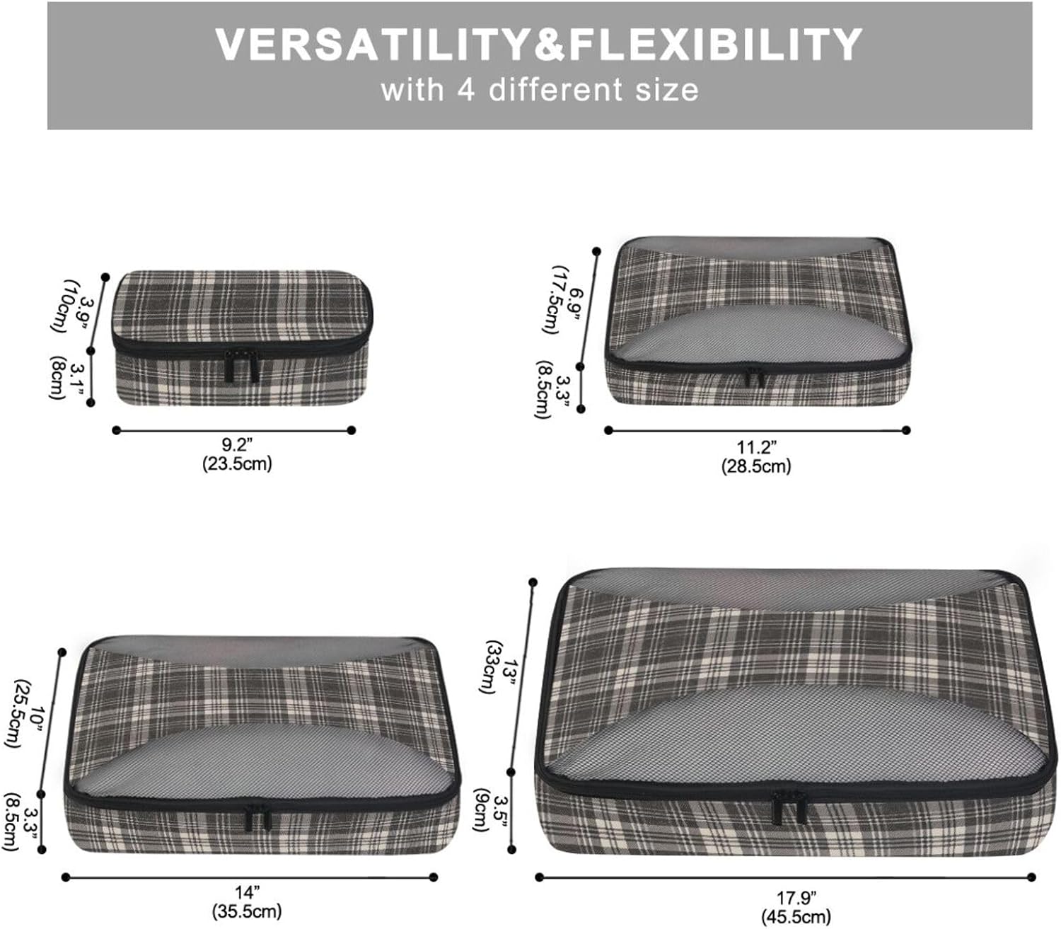 Gray-brown Check 4 Pcs set luggage organizer bags Mesh Travel Essentials lightweight packing bags