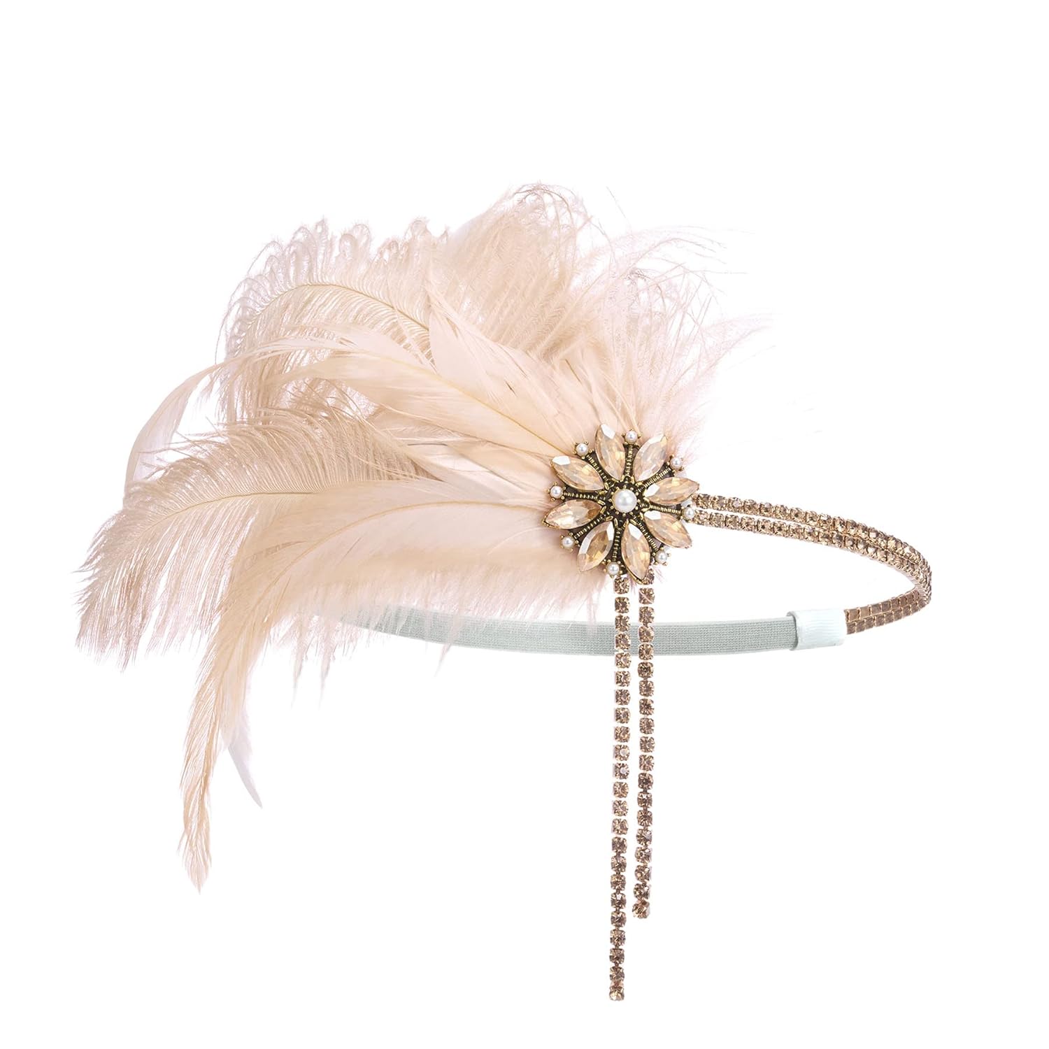 SWEETV 1920s Headpiece Flapper Headband, Rhinestone Pearl Feather Hair Band Great Gatsby Headpiece Accessoreis for Women,Champagne - Image 6