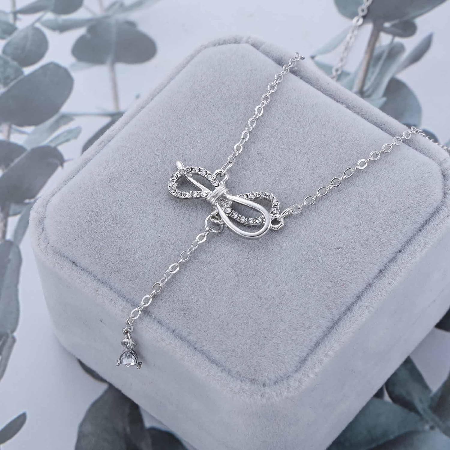 Vintage Teardrop Crystal Y Lariat Necklace Crystal Bow Pendant Necklace Silver Cz Y Drop Necklaces Rhinestone Bowknot Choker Necklaces Jewelry for Women - Image 7