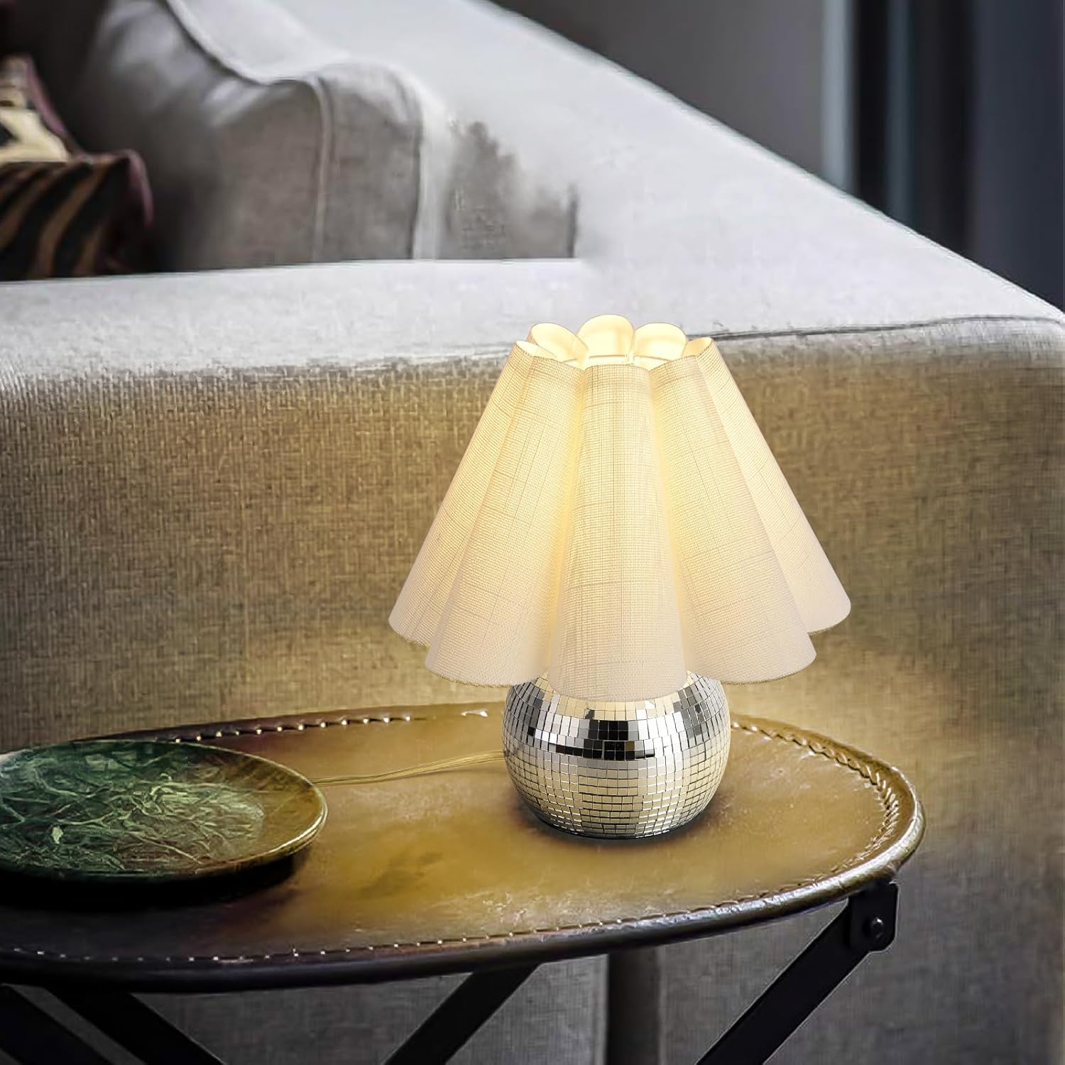 Ziqqeelam Disco Small Table Lamp for Bedroom, Funky Lamp Ball Lamps for Kitchen, Mini Table Lamps for Small Spaces with Scalloped Shade for Nightstand Desk Lamp