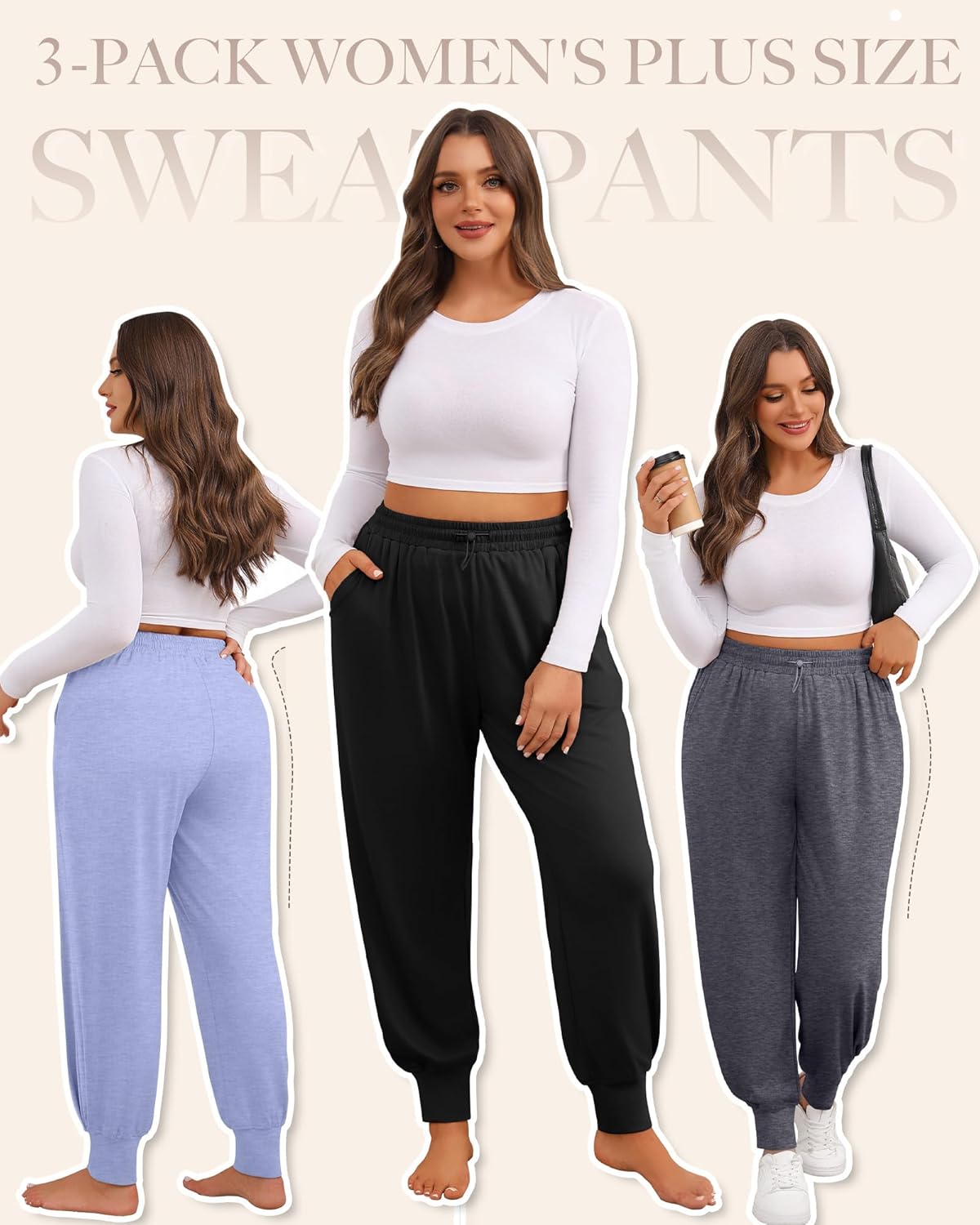 3 Pack Women Plus Size Yoga Joggers Lounge Sweatpants Lightweight Casual Jogger Running Workout Pant with Pockets - Image 3