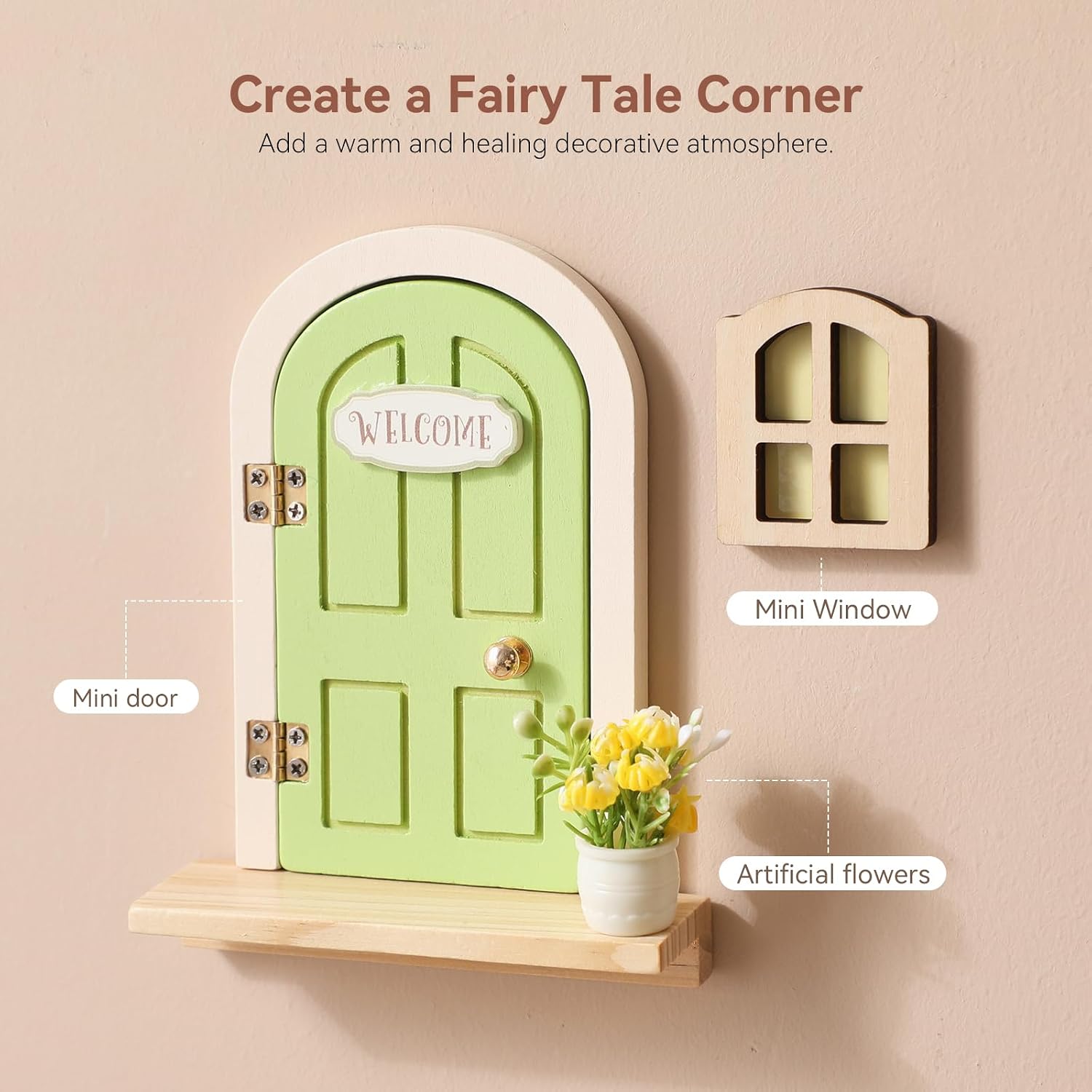 Mamimami Home Green Balcony Little Magical Fairy Door with Base, 13cm 5.12 inch Elf Miniature Tiny Door with Flowerpot and Window, Tooth Fairy Door Handmade Christmas Decorations