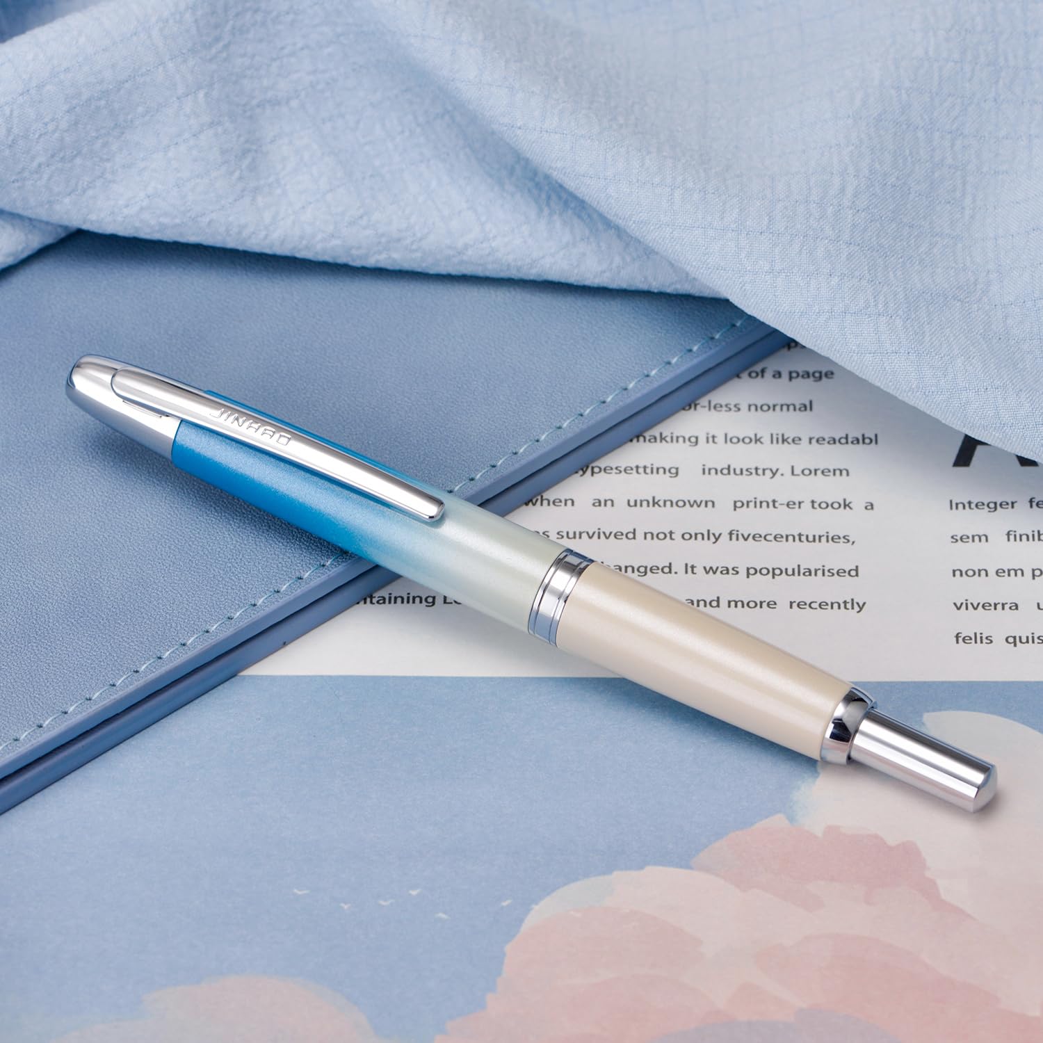 Jinhao 10 Series Press Fountain Pen Gradient Blue Retractable Extra Fine Nib with Ink Converter and Metal Pen Box Set (Silver Clip Version) - Image 2