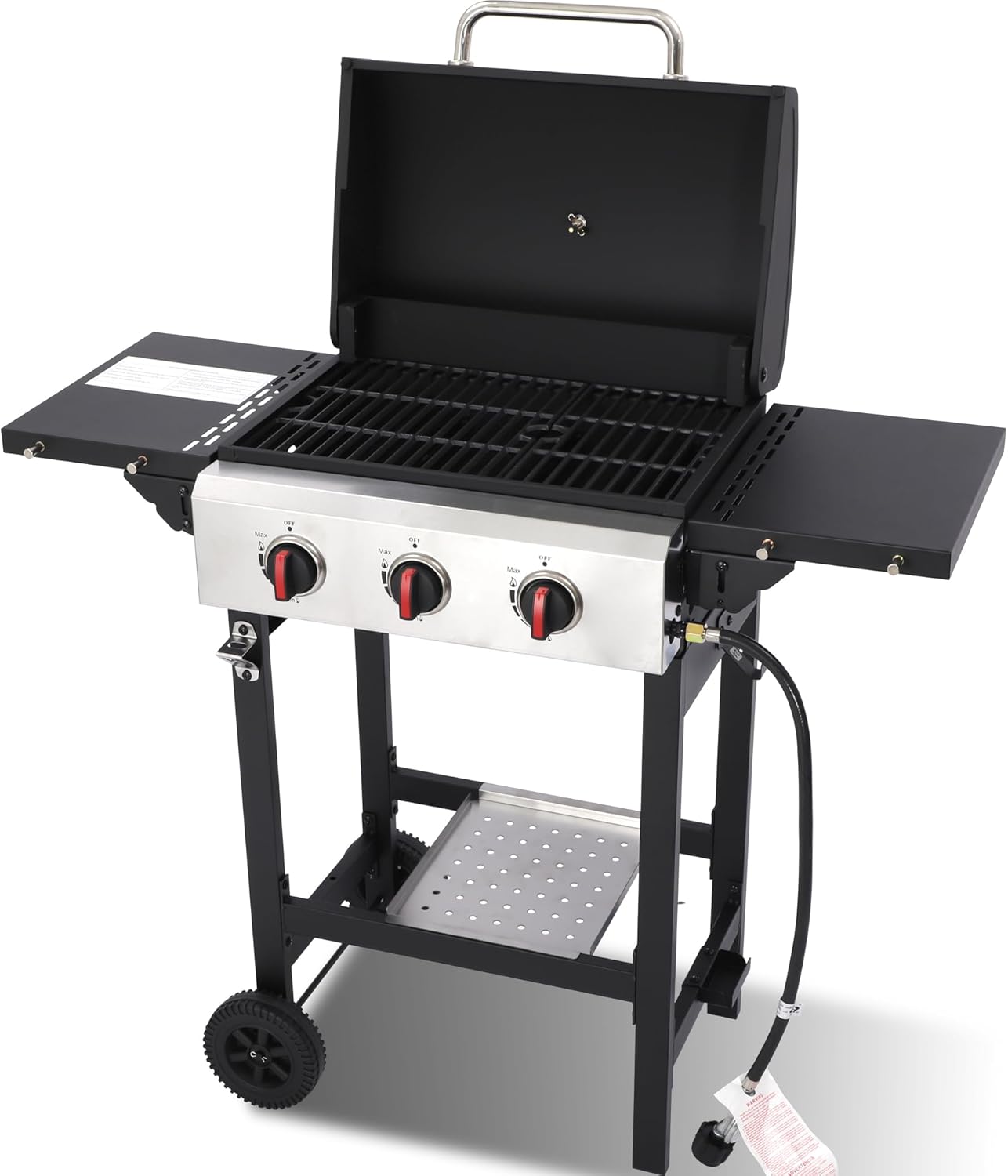 3-Burner 28650 BTU Propane Gas Grill, 252 Sq. In. Cast Iron Grates, Portable Outdoor BBQ with Foldable Side Shelves for Camping Patio, Black
