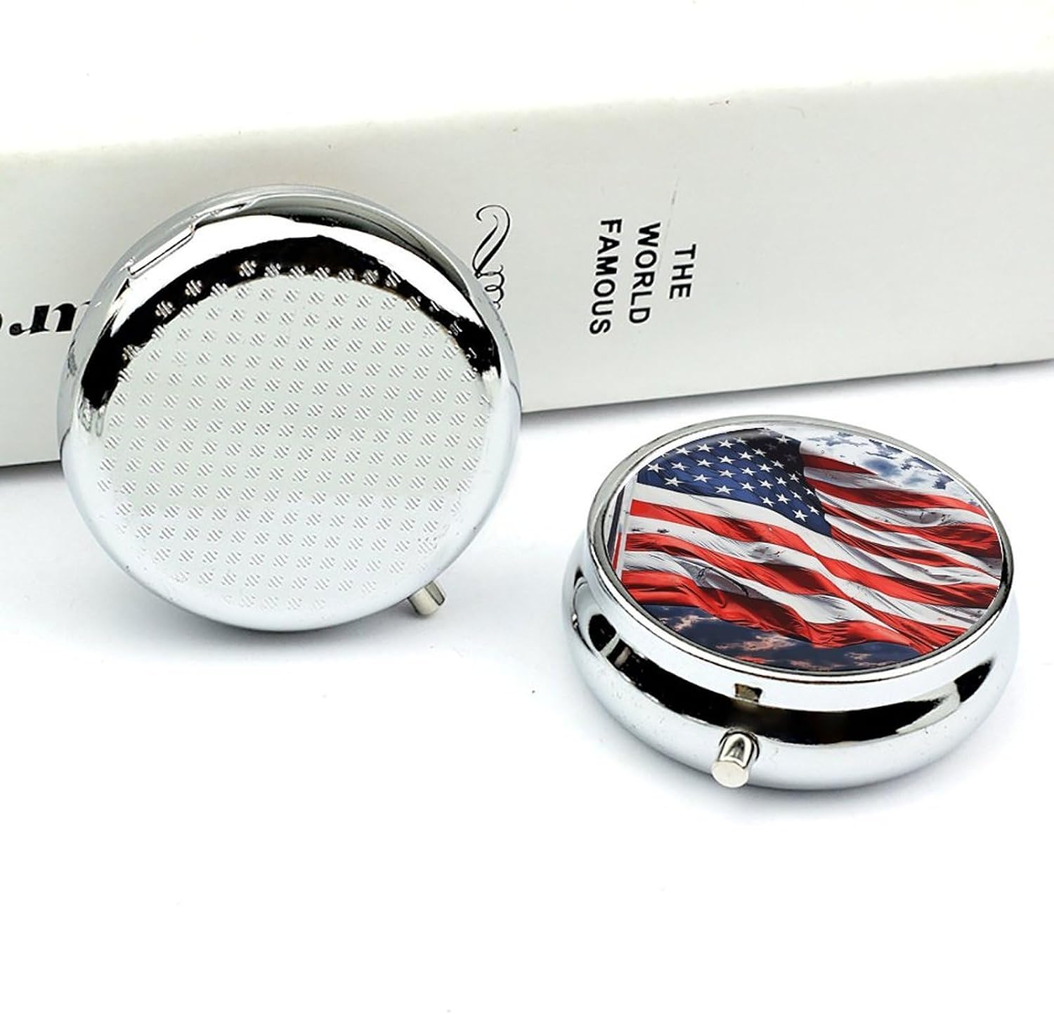 Round Daily US Flag Pill Case with 3 Compartment & Mirror image 5