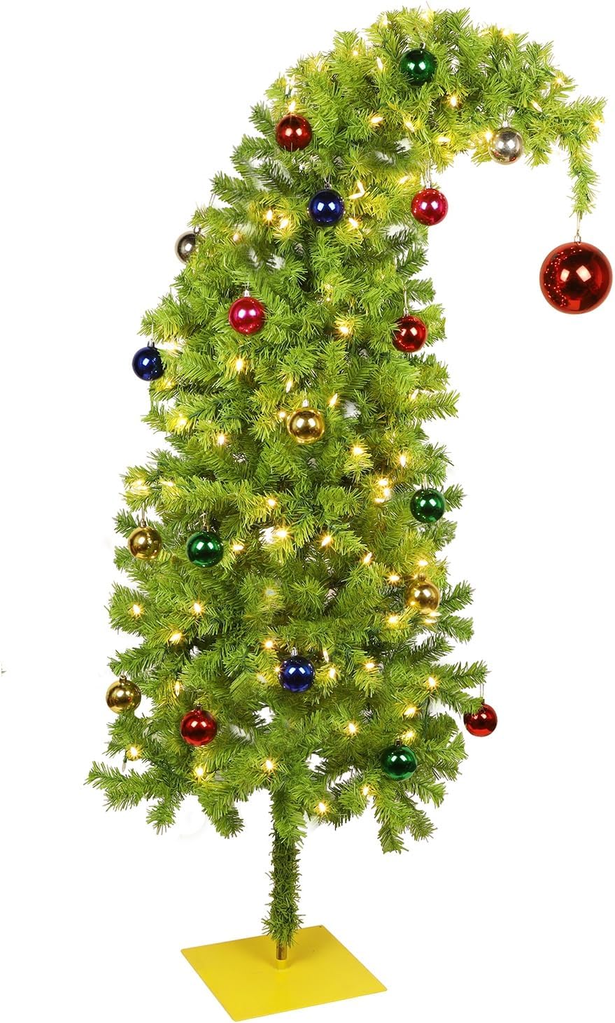 Juegoal 5 FT Artificial Christmas Tree, Pre-Lit Curved Shape Artificial Whimsical Xmas Tree with 150 LED Warm White Lights & Colorful Balls, 8 Lighting Modes Bendable Fake Pine Tree with Metal Base