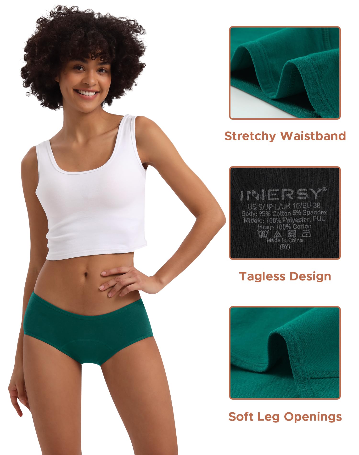 INNERSY Heavy Flow Period Underwear for Women Teens, Leak-Proof Menstrual Cotton Protective Hipster Panties 3-Pack