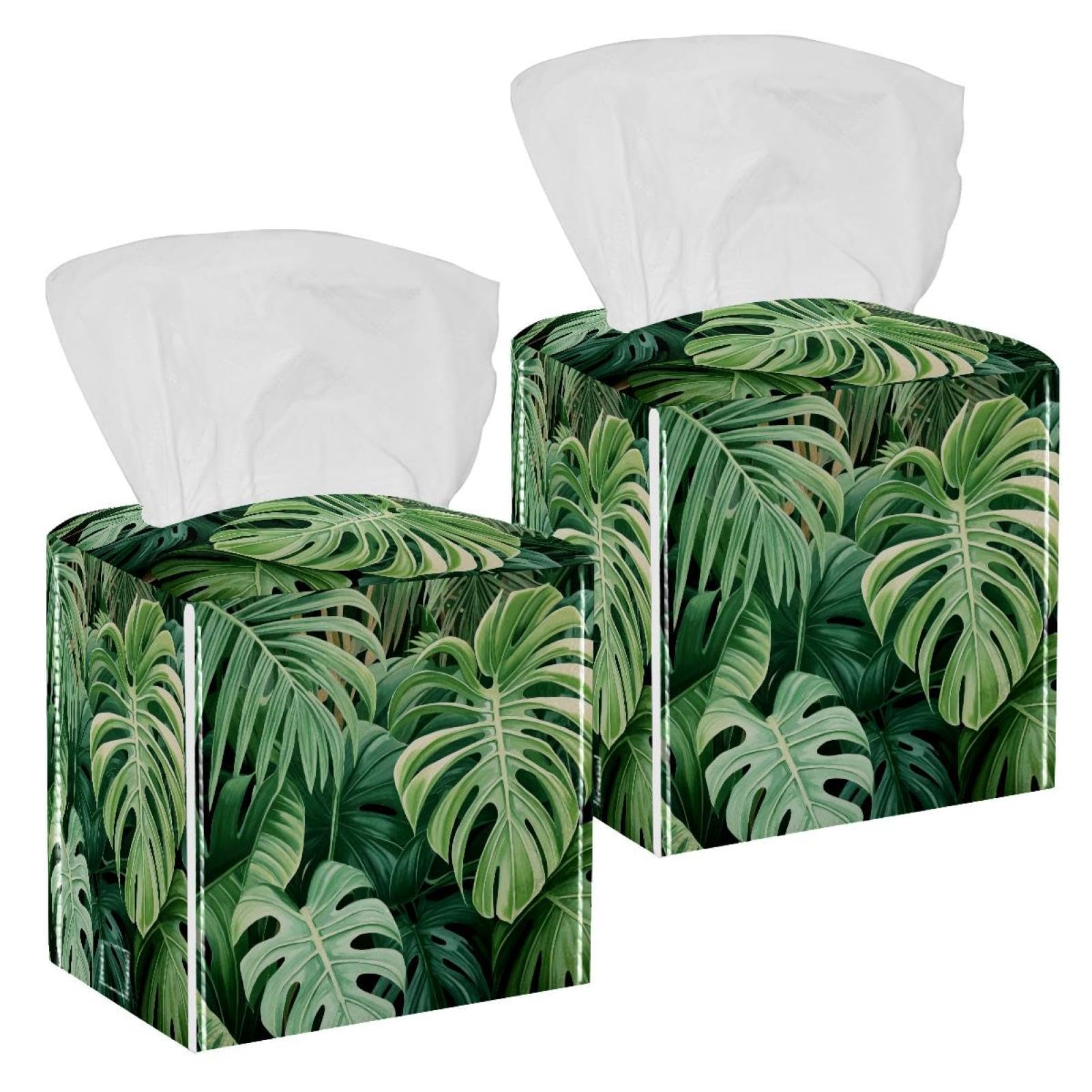 Tropical Palm Tissue Box Cover, 2 Pack PU Leather Square Facial Tissue Dispenser Box holder for Home Office Car