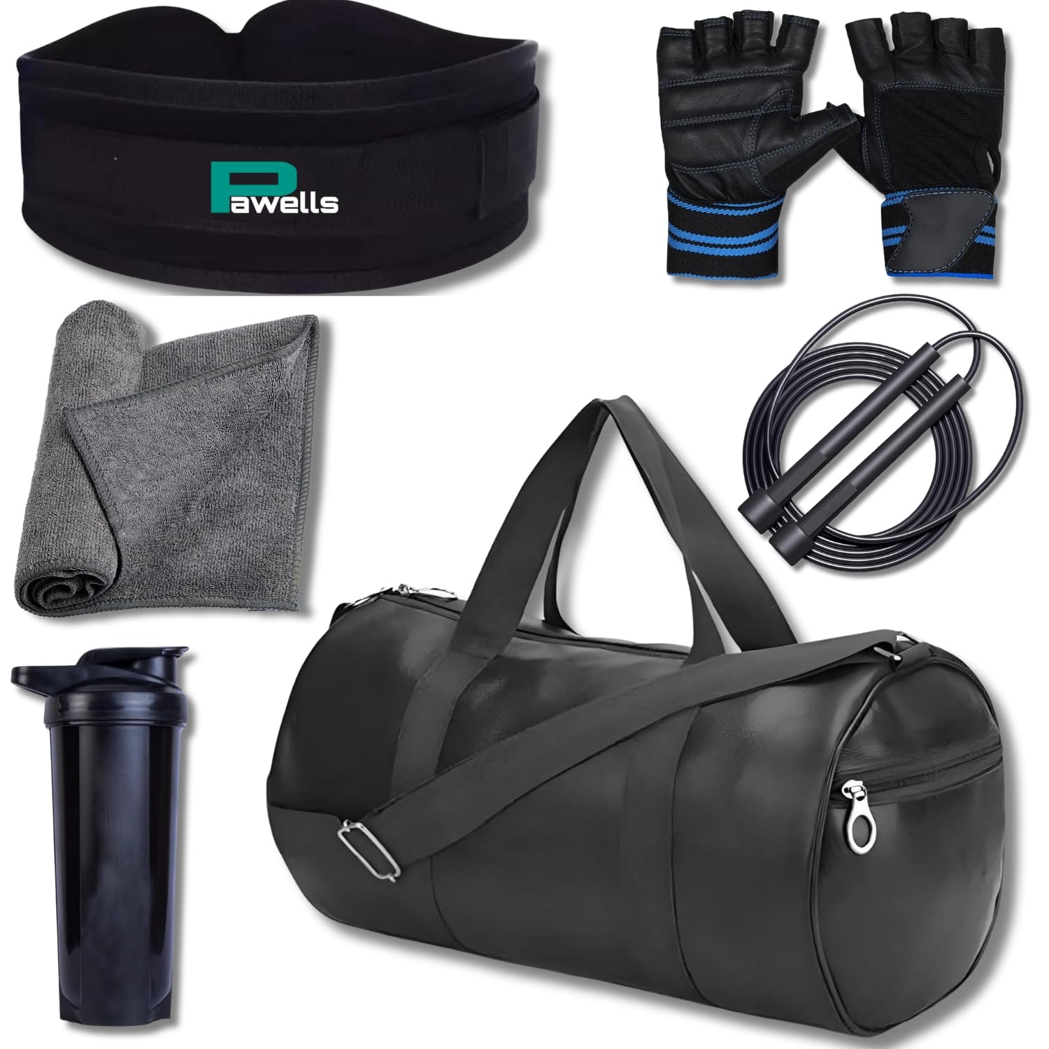 Pawells® Premium Gym Accessories Combo for Man and Woman Gym Kit for Home Workout with Gym Bag, Shaker, Rope, Wrist Band, Towel, Gloves, Deadlift Straps & Belt. Different Combos. (Pack of 6, Black)
