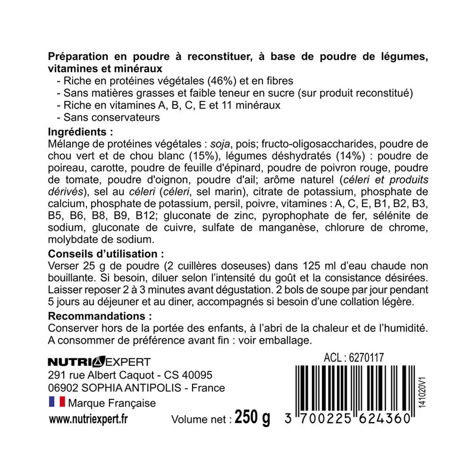 NUTRI EXPERT - Soupe aux choux vegan - Riche en protéines d'origine végétale & fibres - 11 vitamines & minéraux - Sans matière grasse - Cure express 5 jours - 250 gr
