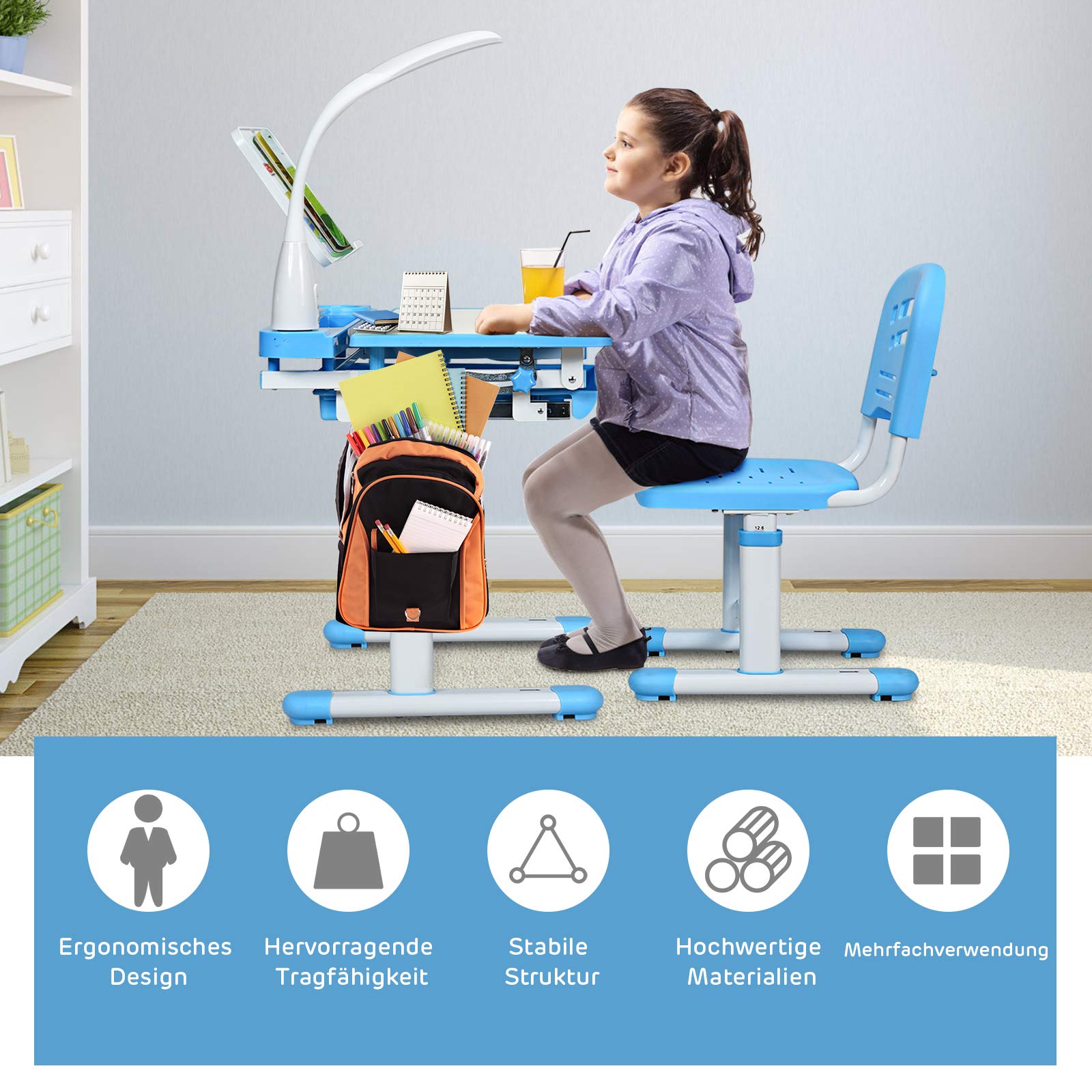 DREAMADE höhenverstellbarer Kinderschreibtisch mit Lampe & Bücherständer, Schülerschreibtisch Jugendschreibtisch neigungsverstellbar, Schreibtisch Set für Kinder mit Stuhl und Schublade (Blau)