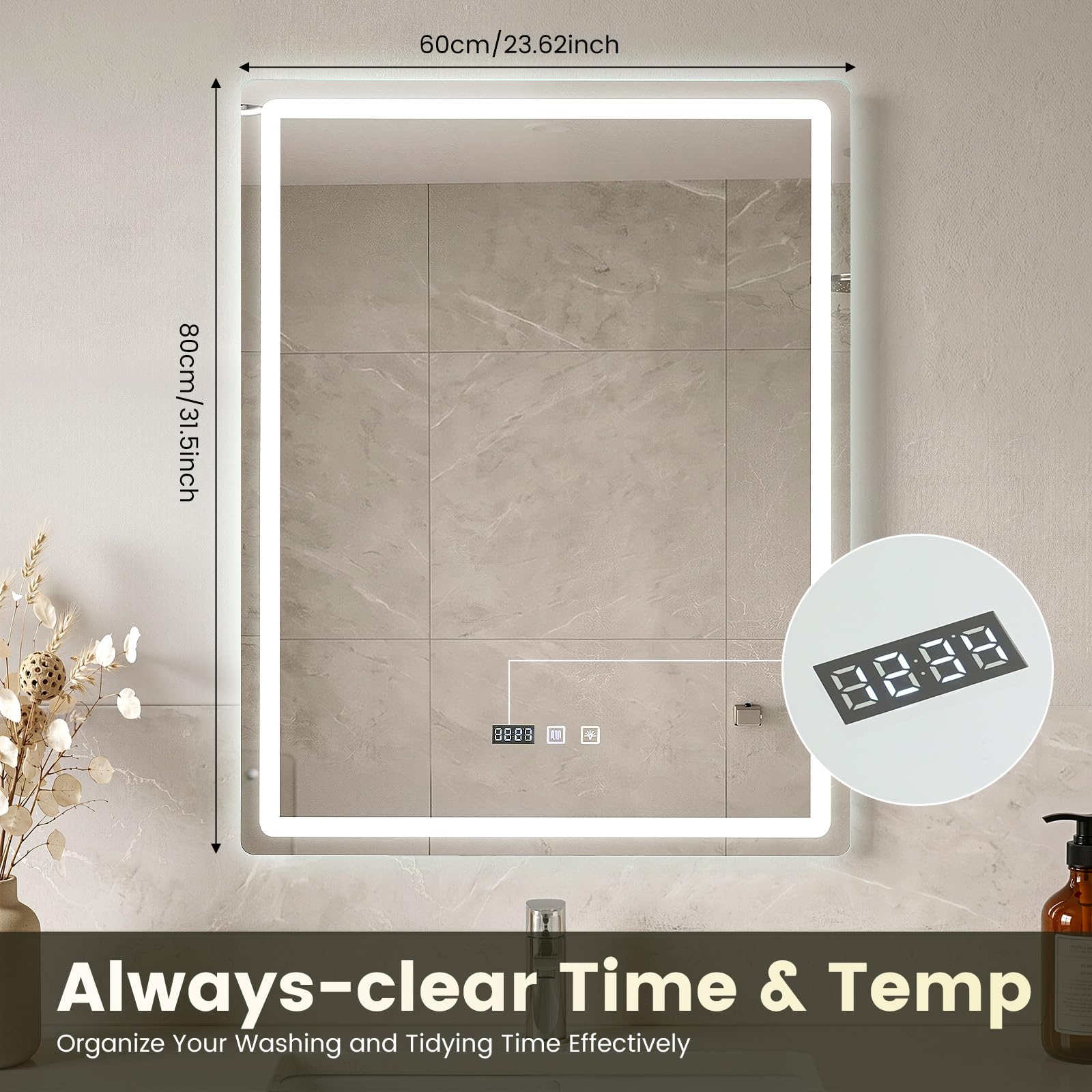 Miroir de Salle de Bain avec Éclairage 60 x 80 cm, LED avec 3 Couleurs de lumière à intensité Variable, Désembuage, Miroir Lumieux Mural Dimmable pour Coiffeuse, Chambre