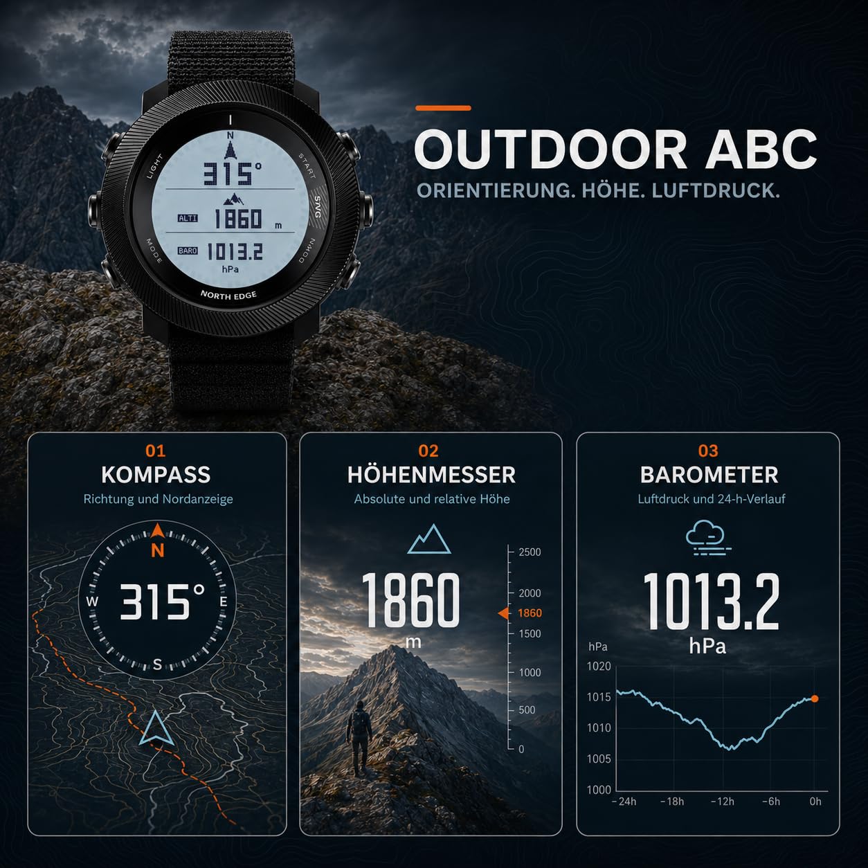 NORTH EDGE Apache-D Herren Outdoor Digitaluhr, 50 m Freitauchuhr mit Tiefenmesser, Kompass, Höhenmesser, Barometer und Schrittzähler