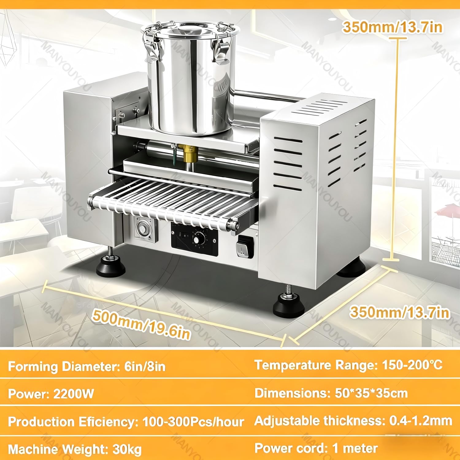 Máquina para Hacer Crepes, Crepera Eléctrica Y Plancha De Cocina, 100 a 350 Unidades por Hora, Espesor De 0,4 a 1,2 Mm, Diámetro De La Crepe De 15 a 23 Cm, Velocidad De Cocción Ajustable 8in
