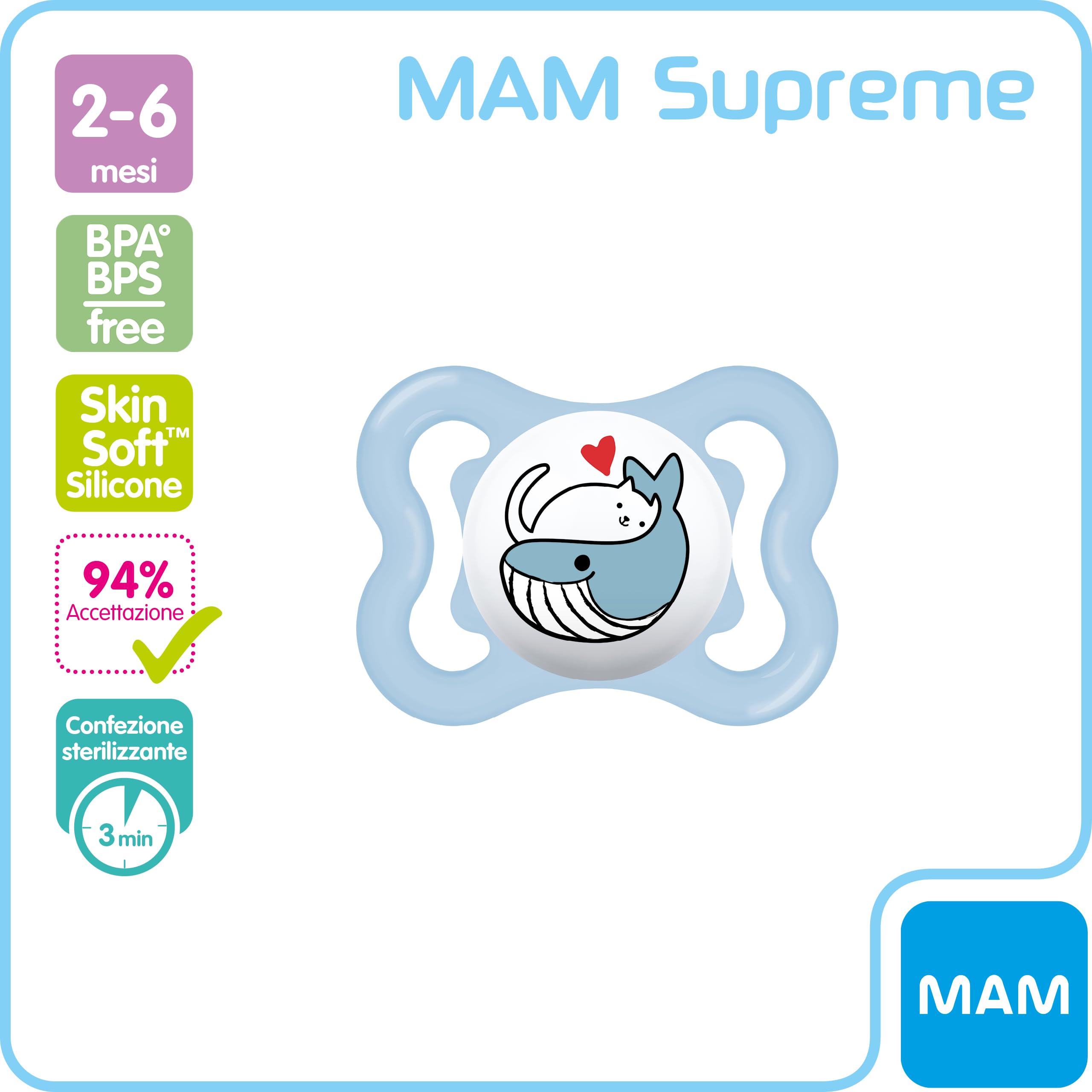 MAM Supreme Ciuccio in Silicone, con Custodia Porta Succhietto, 2-6 Mesi, Azzurro
