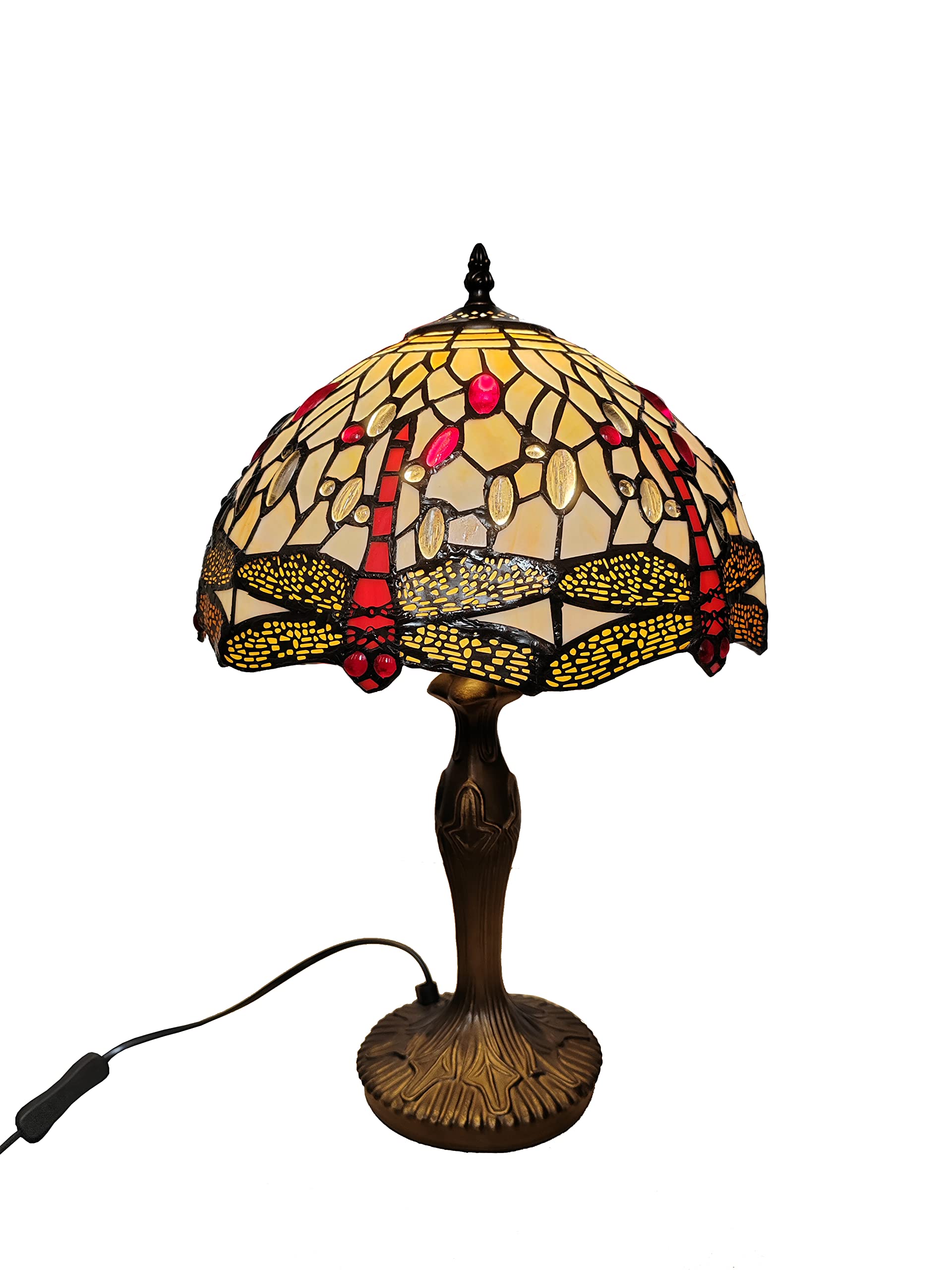 Loxton Lighting Red Cream Clear Tiffany Style Table Lamp, Dragonfly Design, 49 Cm Height, Cream And Red Stained Glass Shade, Antique Base
