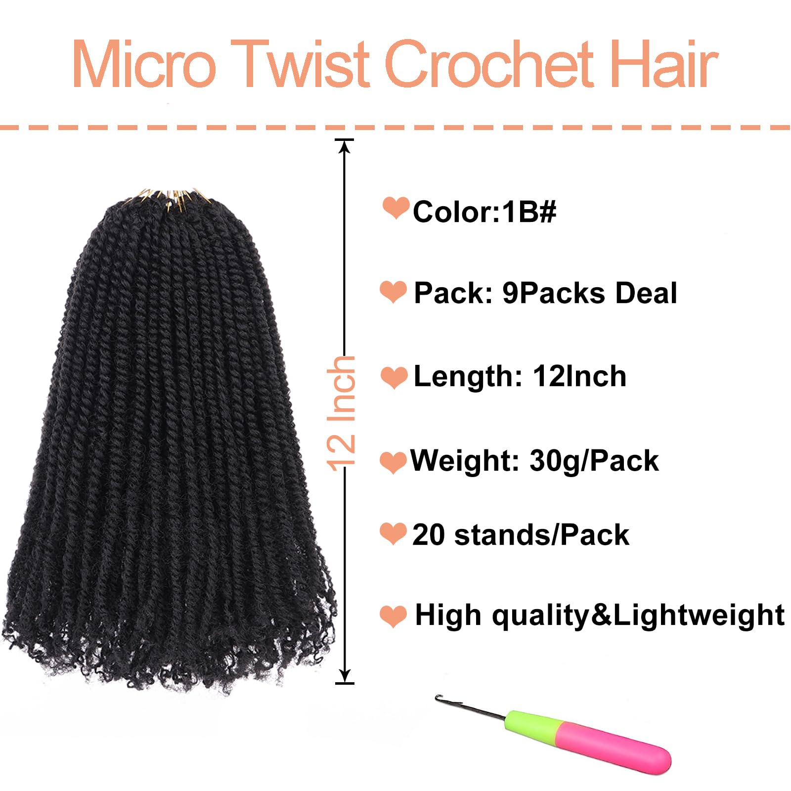 Mscat 12 Inch 9 Packs Micro Crochet Bob Pre-looped Passion Twist Pre-looped Senegalese Twist Braids Hair Extensions 1B# - Image 2